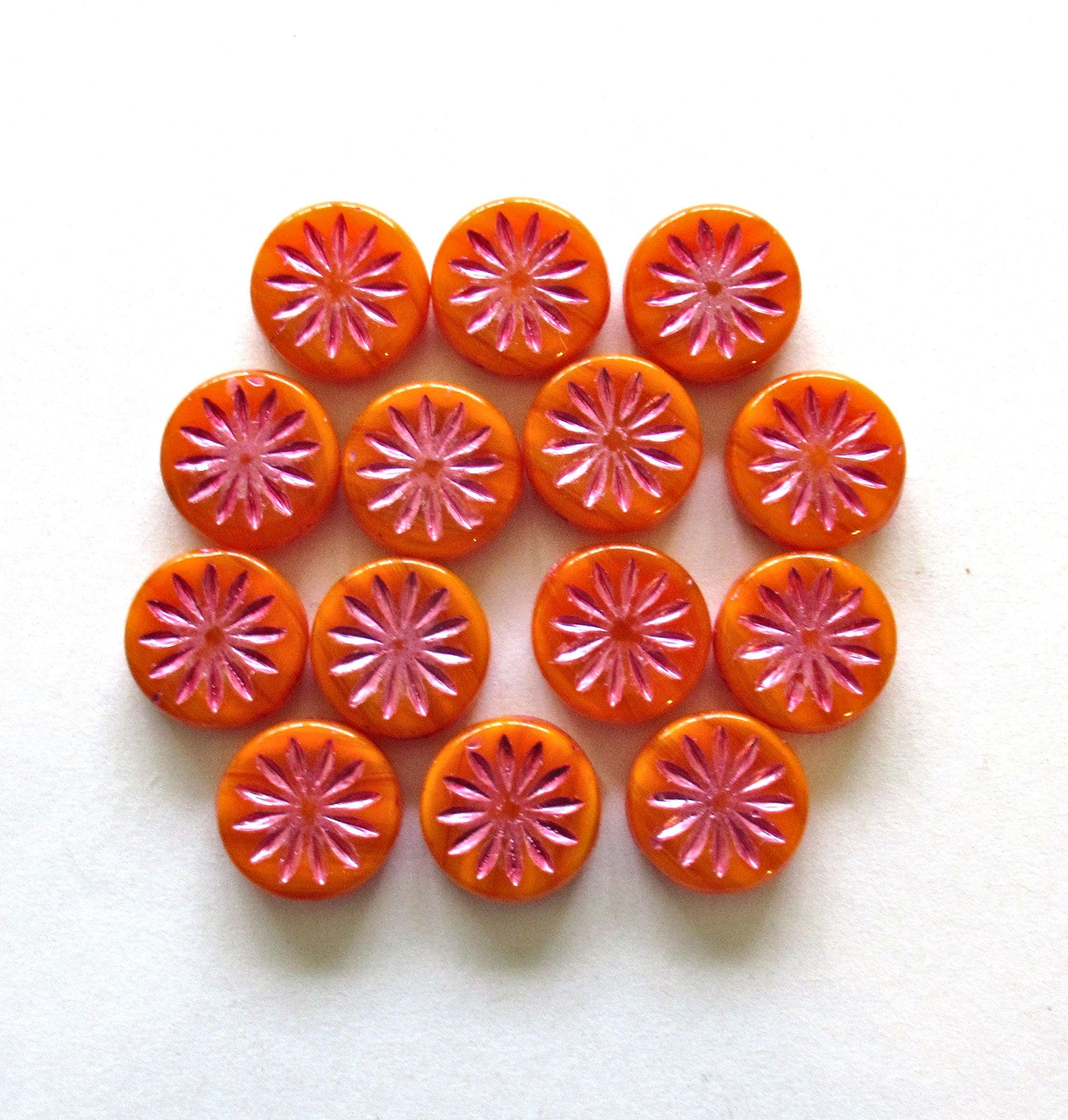 6 Czech glass coin beads - 12mm - orange opal Aster flower disc beads with pink accents - thick flat round beads - 00201