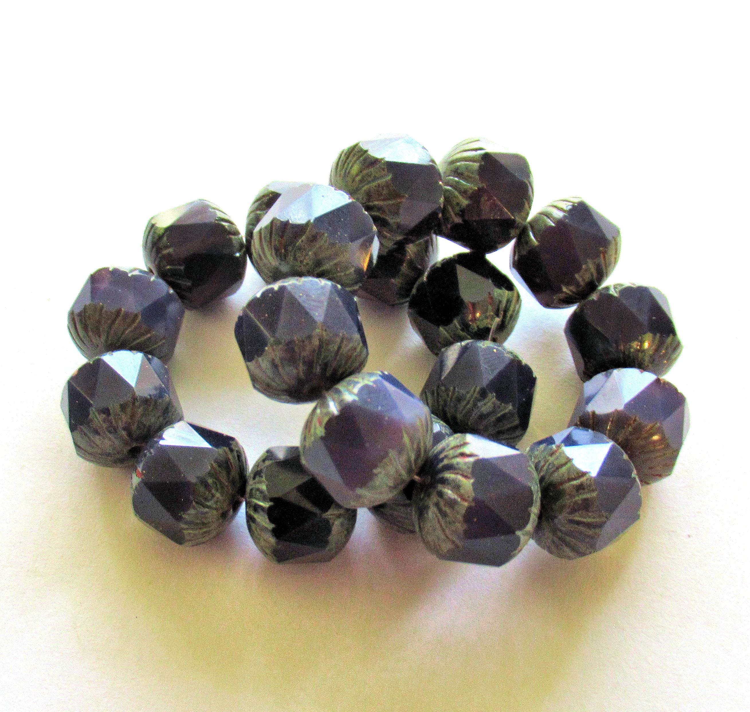 Ten large Czech glass center faceted carved cruller beads - 10mm - round purple opal cathedral beads with gray picasso accents - 00004
