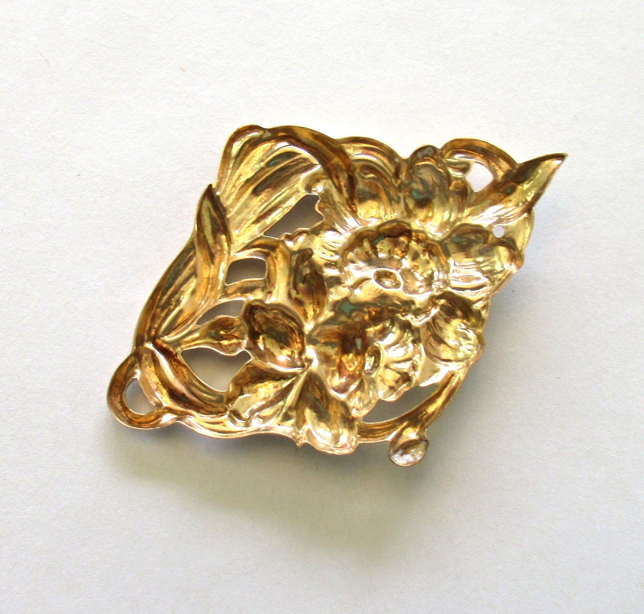 1 large floral raw brass stamping - Victorian Flower connector - pendant - ornament - component - 2.75" x 2"inches - made in the USA C00001