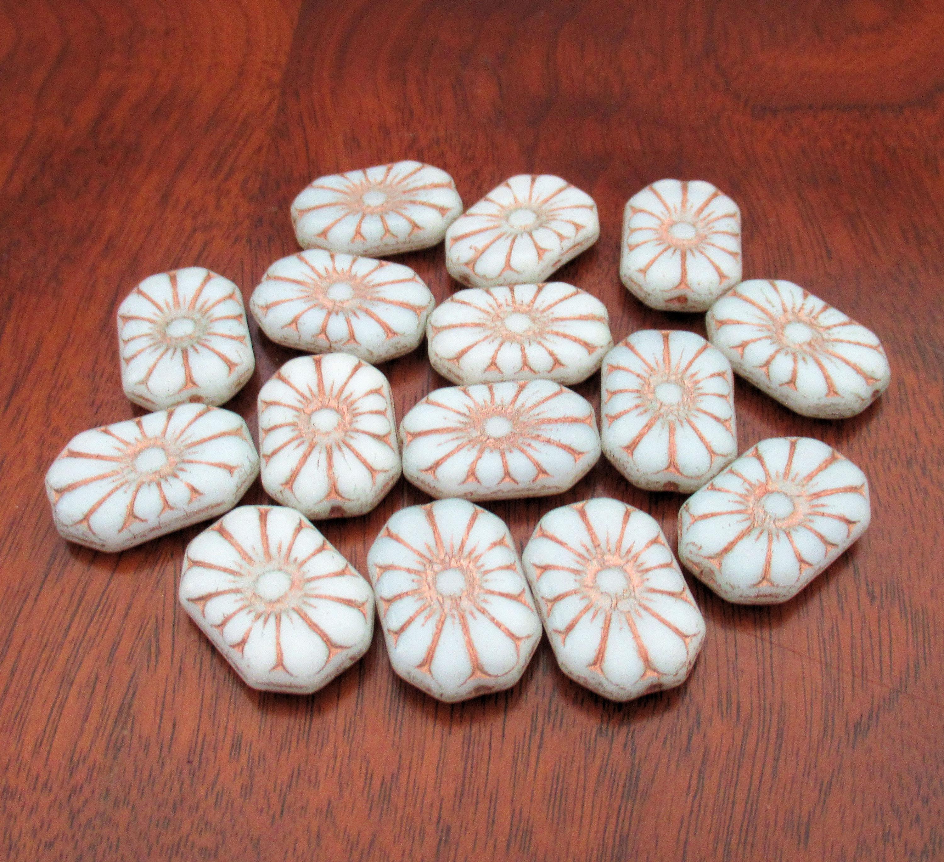 Five large Czech glass flower beads - opaque white rectangle beads with gold accents - focal or statement beads - 19 x 14mm - C00011