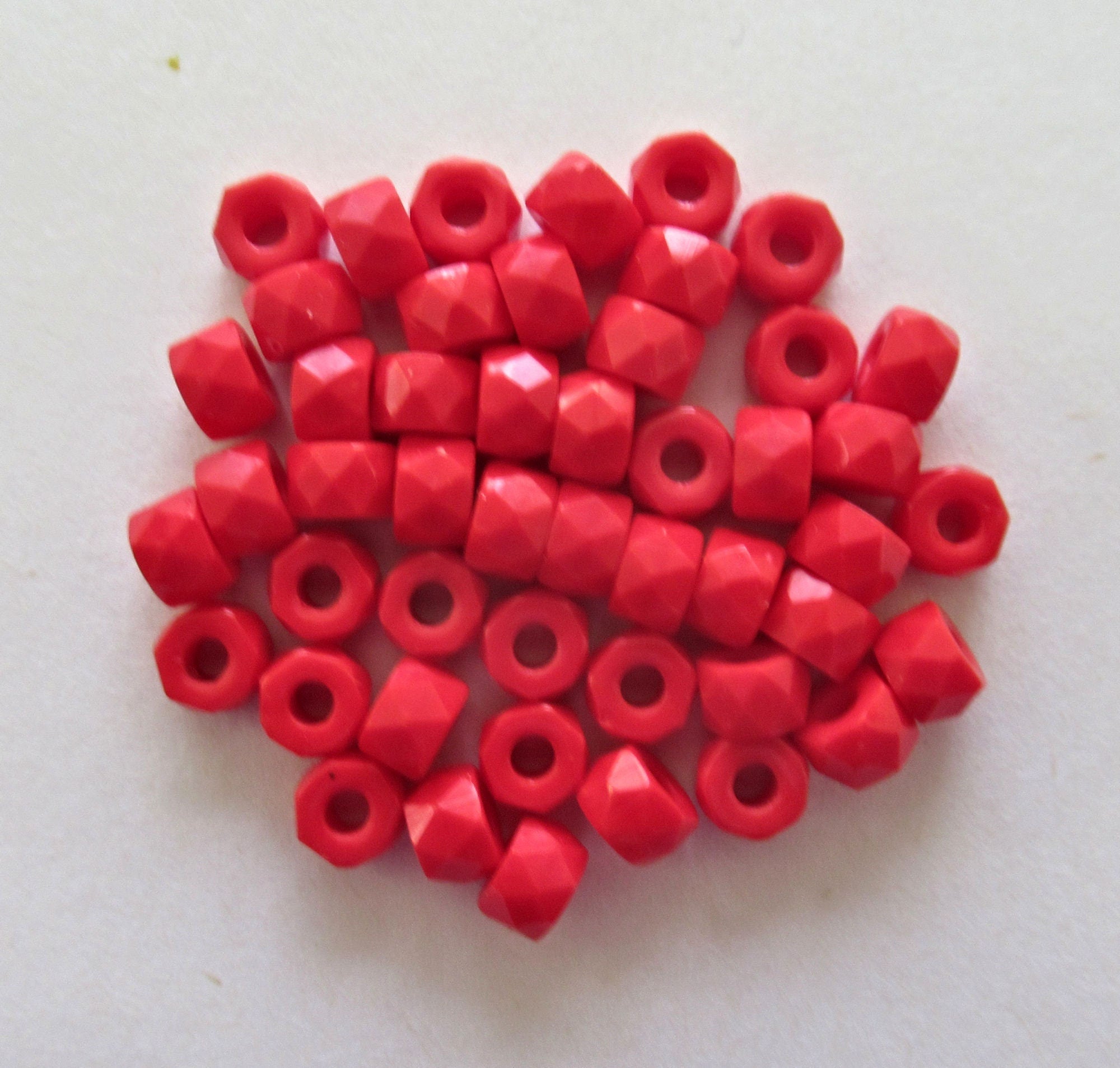 Lot of 50 6mm Czech glass faceted pony, roller or crow beads - bright opaque red large hole, fire polished beads C00211