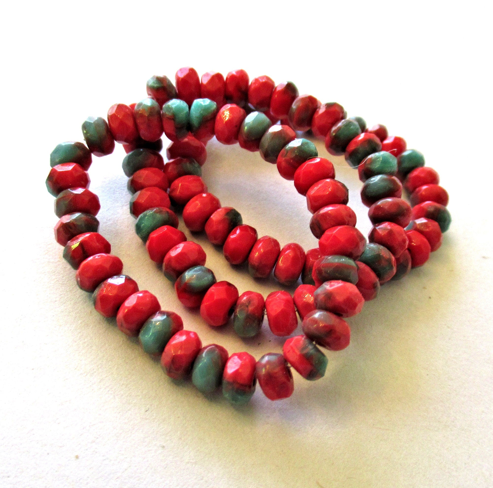 30 small Czech glass faceted puffy rondelles - 3 x 5mm opaque marbled mix of red & turquoise blue green glass rondelle beads 00531