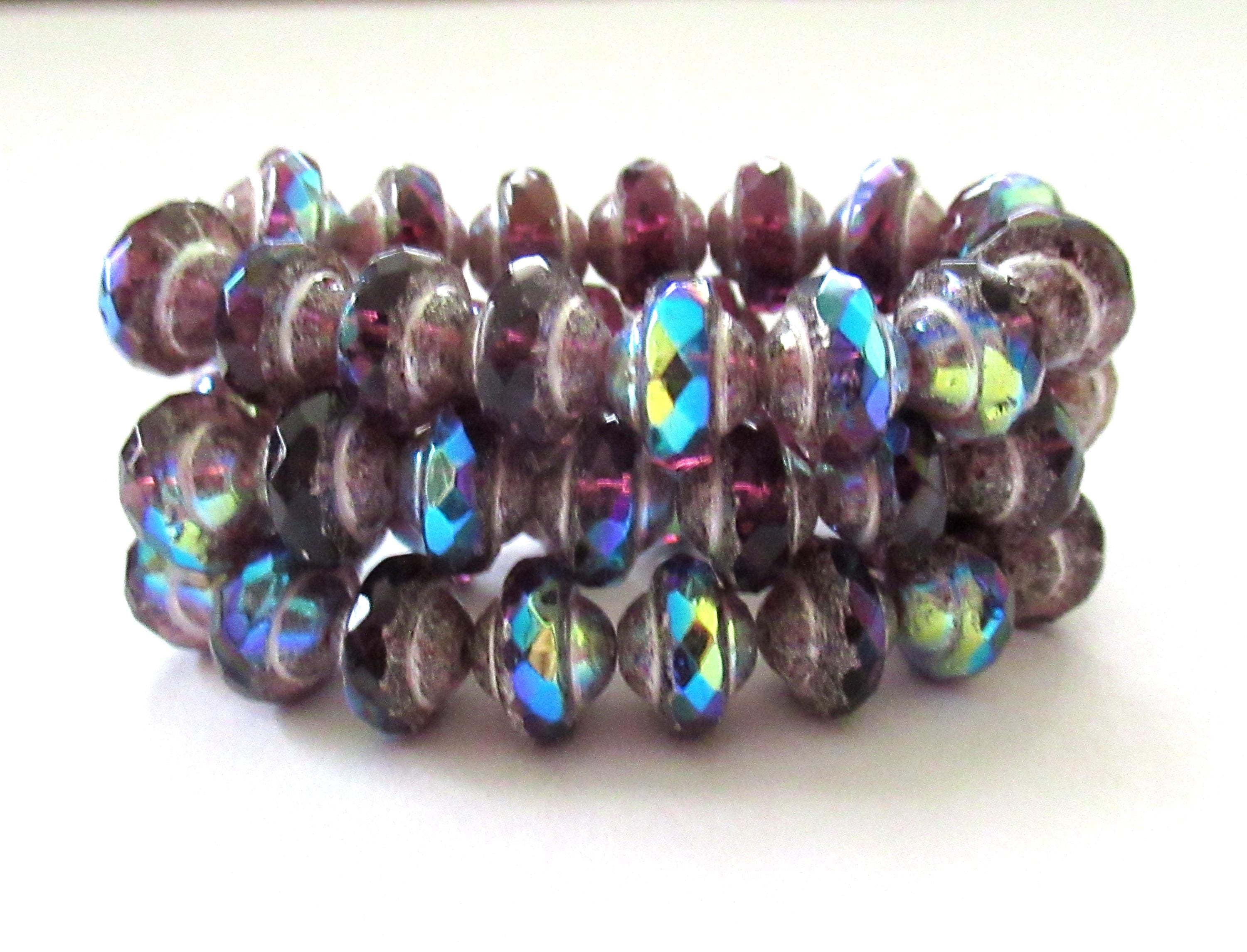 15 Czech glass mini saturn / saucer beads - 6 x 8mm purple / amethyst ab with picasso accents - C00522