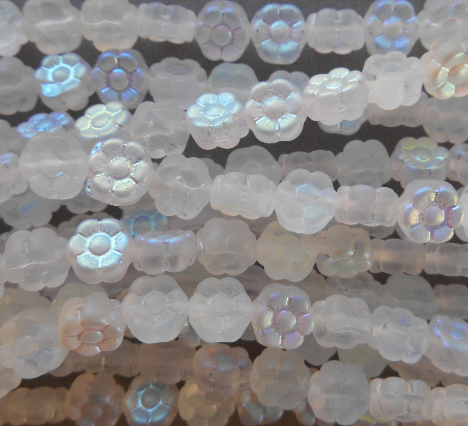 25 6mm Frosted Crystal AB Czech glass flower beads, pressed glass white flower beads, C4001