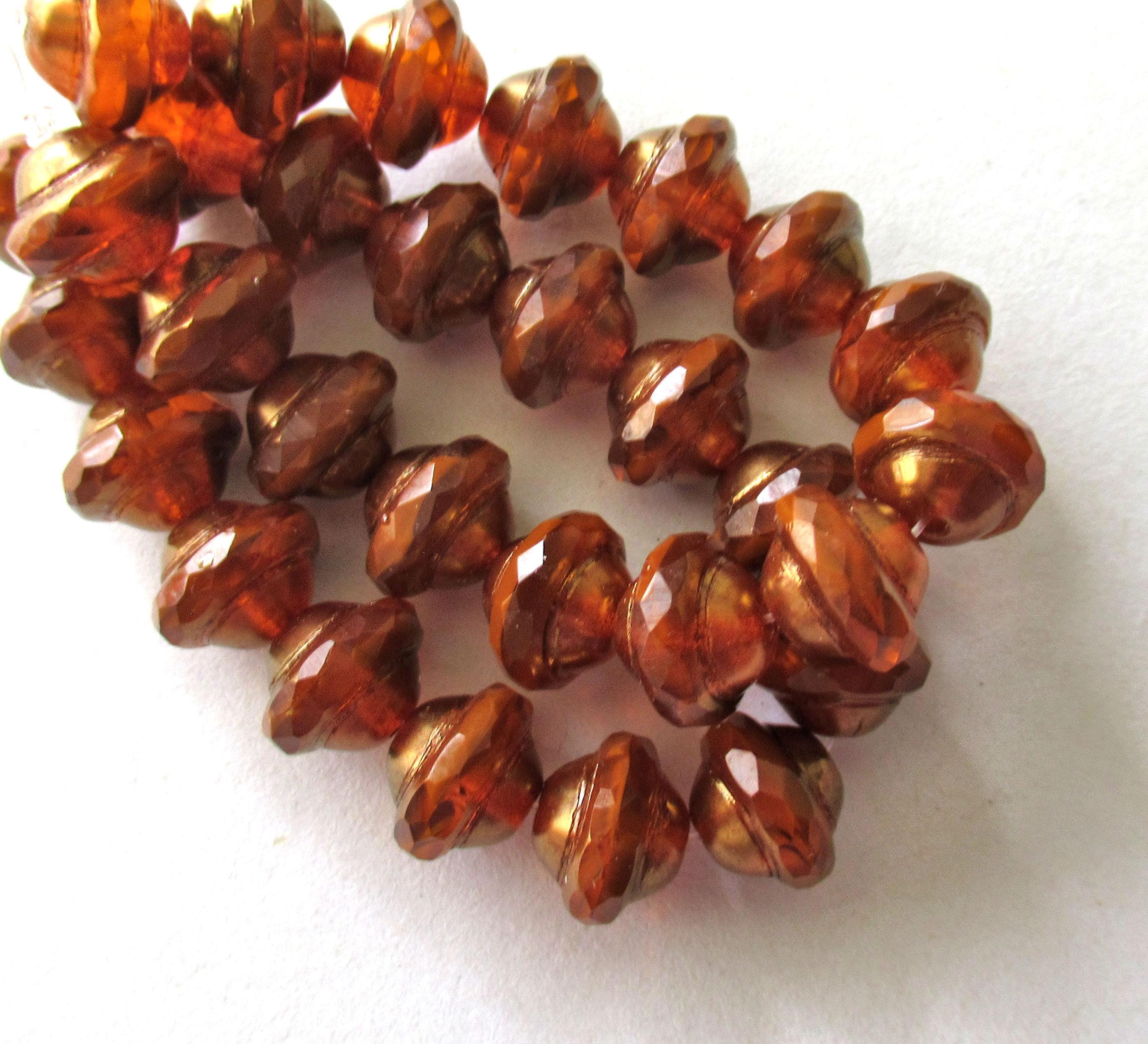 Ten Czech glass faceted saturn saucer beads - 8 x 10mm rust pumpkin orange brown w/ bronze picasso accents - C00591