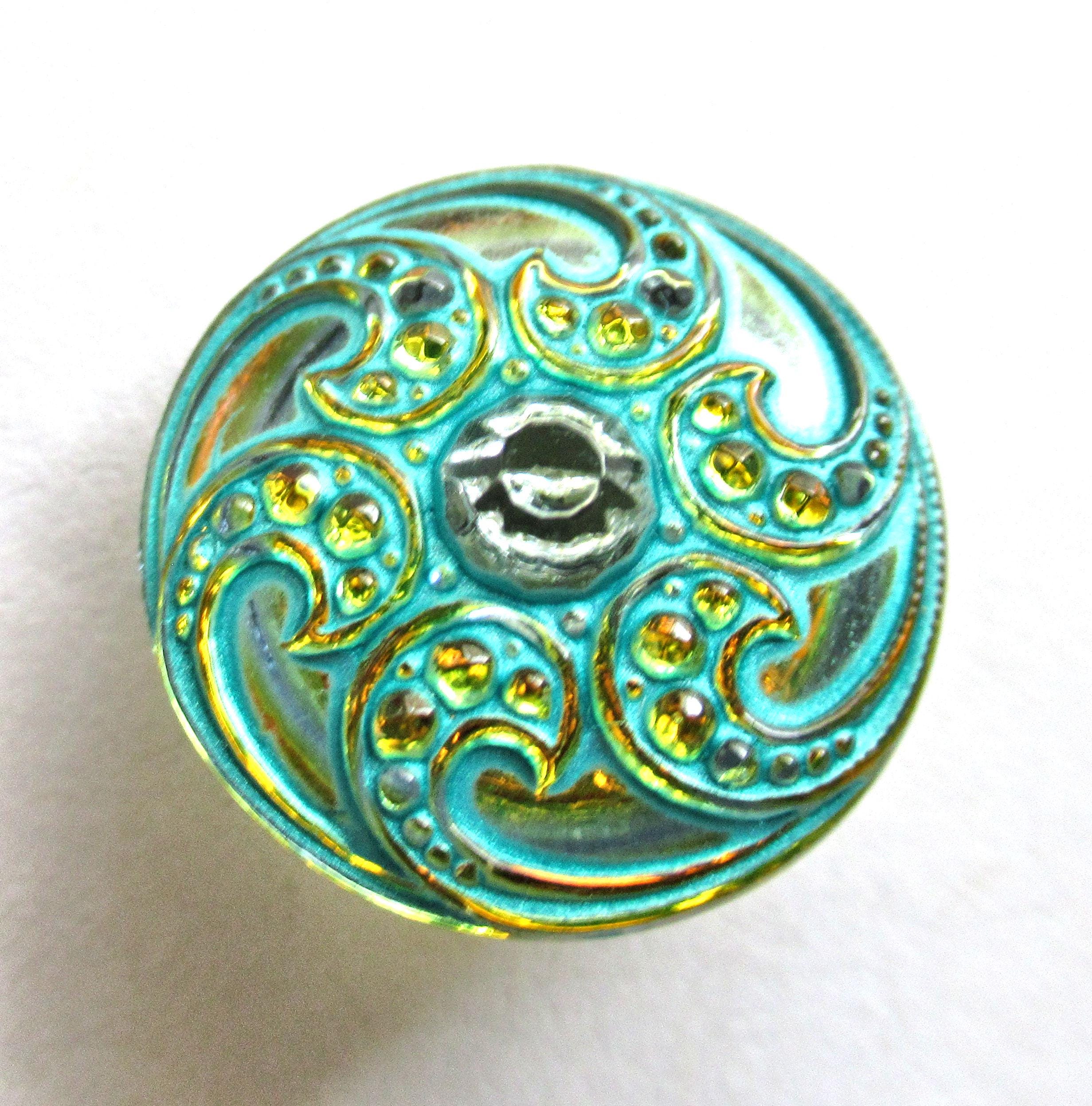 One 18mm Czech glass button - orange w/ rhinestone and a turquoise wash- fancy pattern decorative shank button 00052