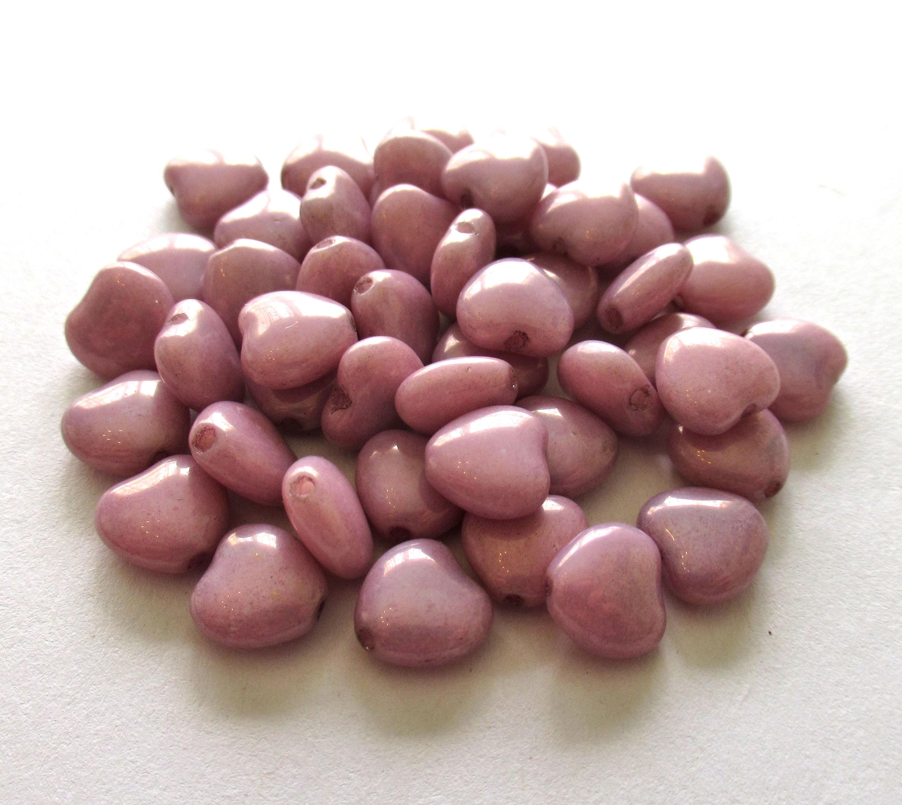 25 Czech glass heart beads - 8mm opaque baby pink luster heart shaped beads - 00601