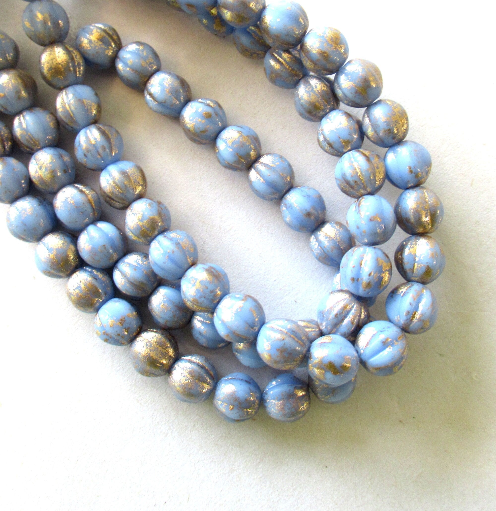 25 Czech pressed glass melon beads - 6mm opaque light periwinkle blue with gold accents - C0018