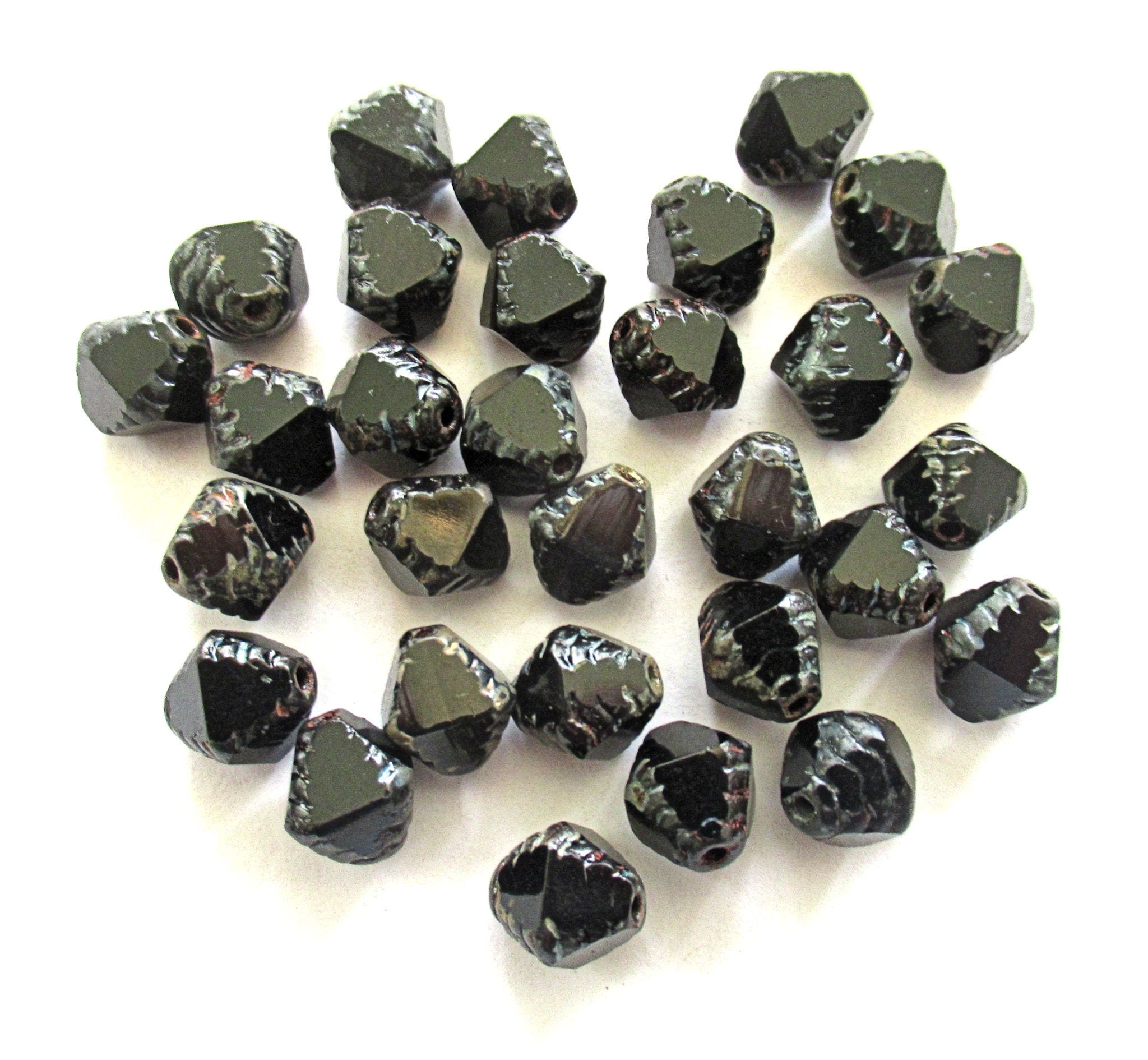 Fifteen Czech glass bicones - 8 x 10mm jet black picasso carved notched bicone beads - C00601