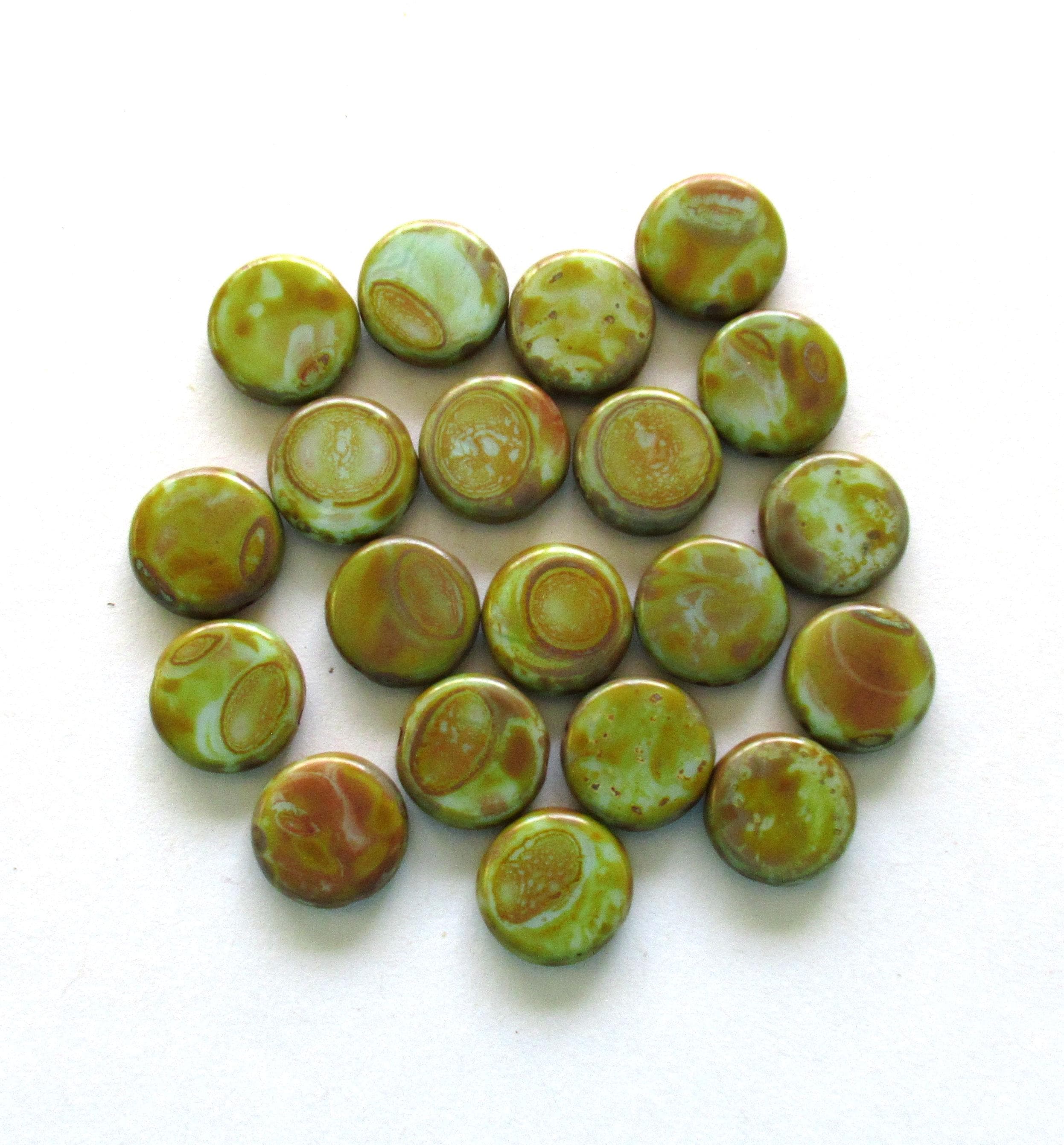 Czech glass coin or disc beads - 12mm - light turquoise green beads w/ a full picasso coat - flat round beads - 10 beads - 00118