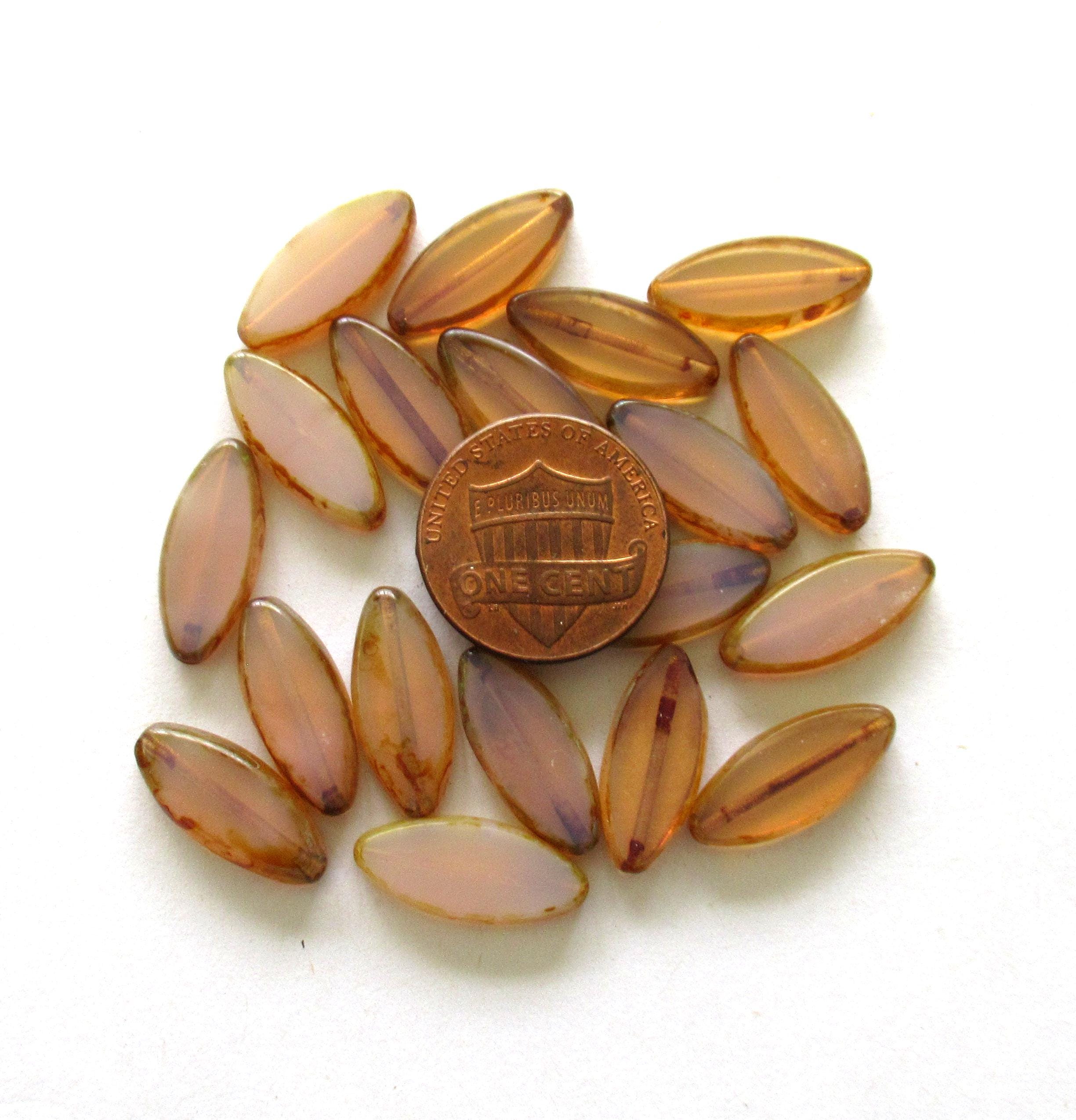 Ten Czech glass spindle beads - light pink opaline beads with a picasso finish - 17 x 8mm oval beads - 00791