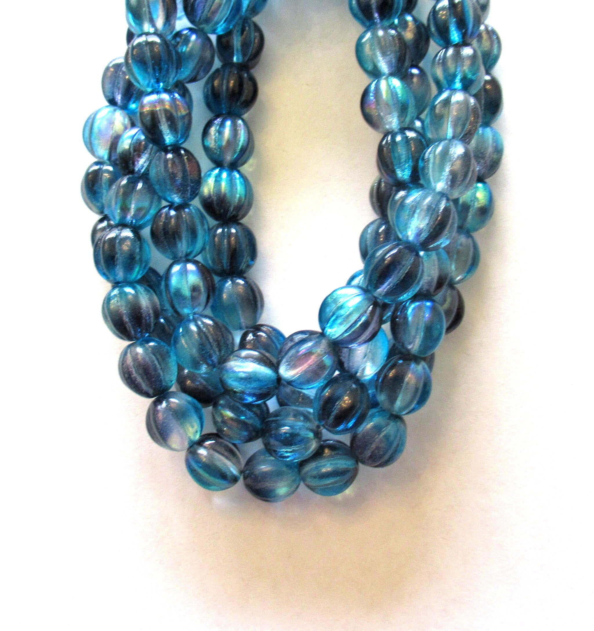 Ten 10mm Czech glass melon beads - dark and light blue color mix pressed glass beads - C0049
