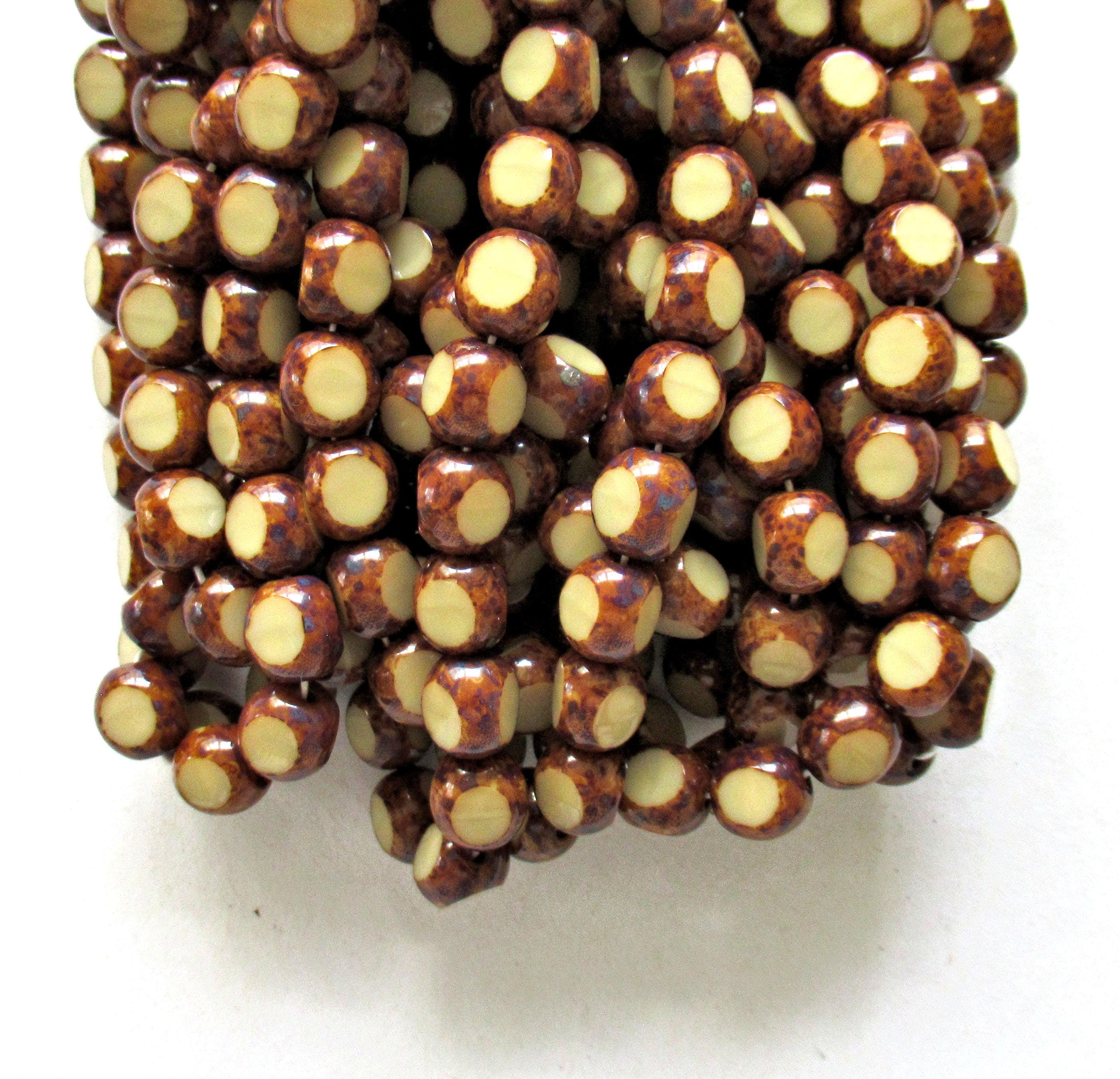 25 Czech glass tri-cut round beads - 8mm - off white or beige picasso beads - faceted table cut rustic earthy window beads C0099