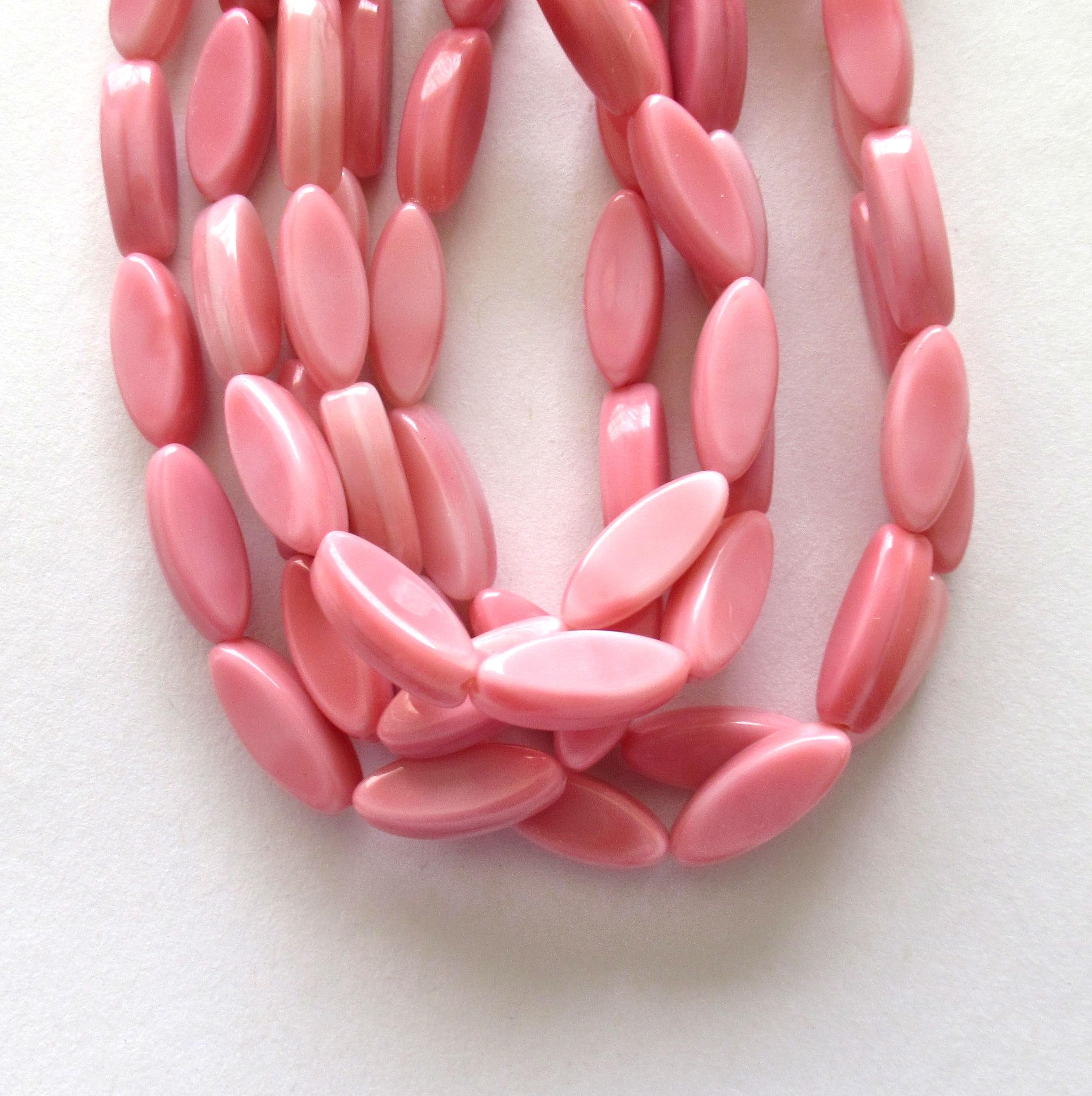Ten Czech glass pink spindle beads - 16 x 6mm two tone pink & white oval pressed glass beads- C0007
