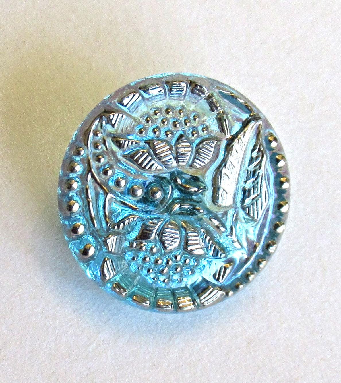 One 18mm Czech glass flower button - aqua blue flowers with silver accents - decorative floral shank buttons 000711