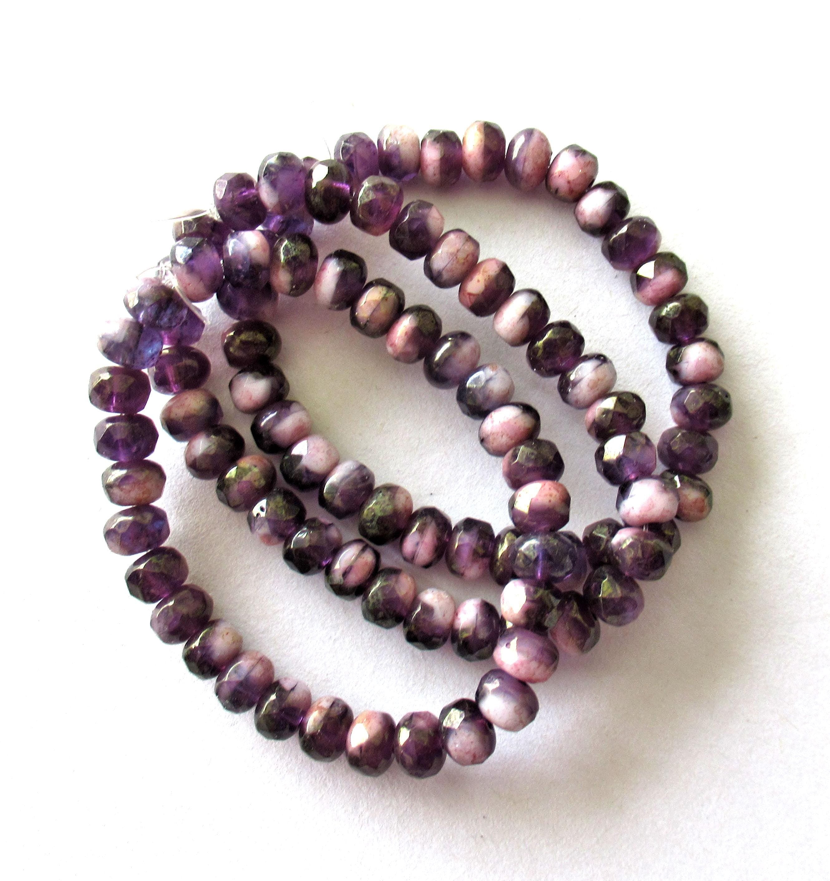 30 small Czech glass puffy rondelle beads - 3 x 5mm - tanzanite & pink luster color mix - faceted fire polished rondelles - 00011