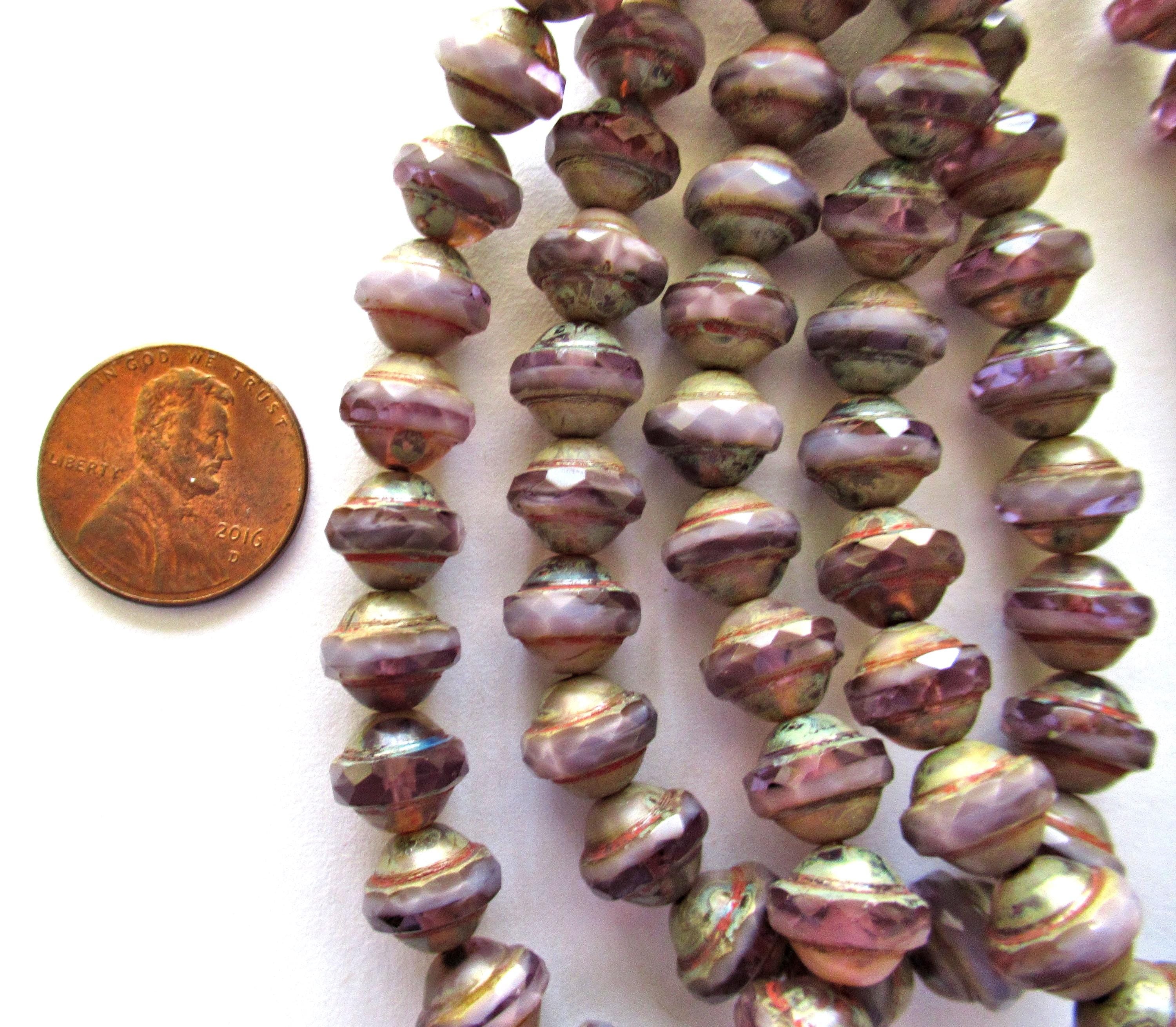 Ten purple Czech glass saturn beads - 8 x 10mm transparent & opaque mix amethyst - faceted saucer beads with a picsso finish - C04101