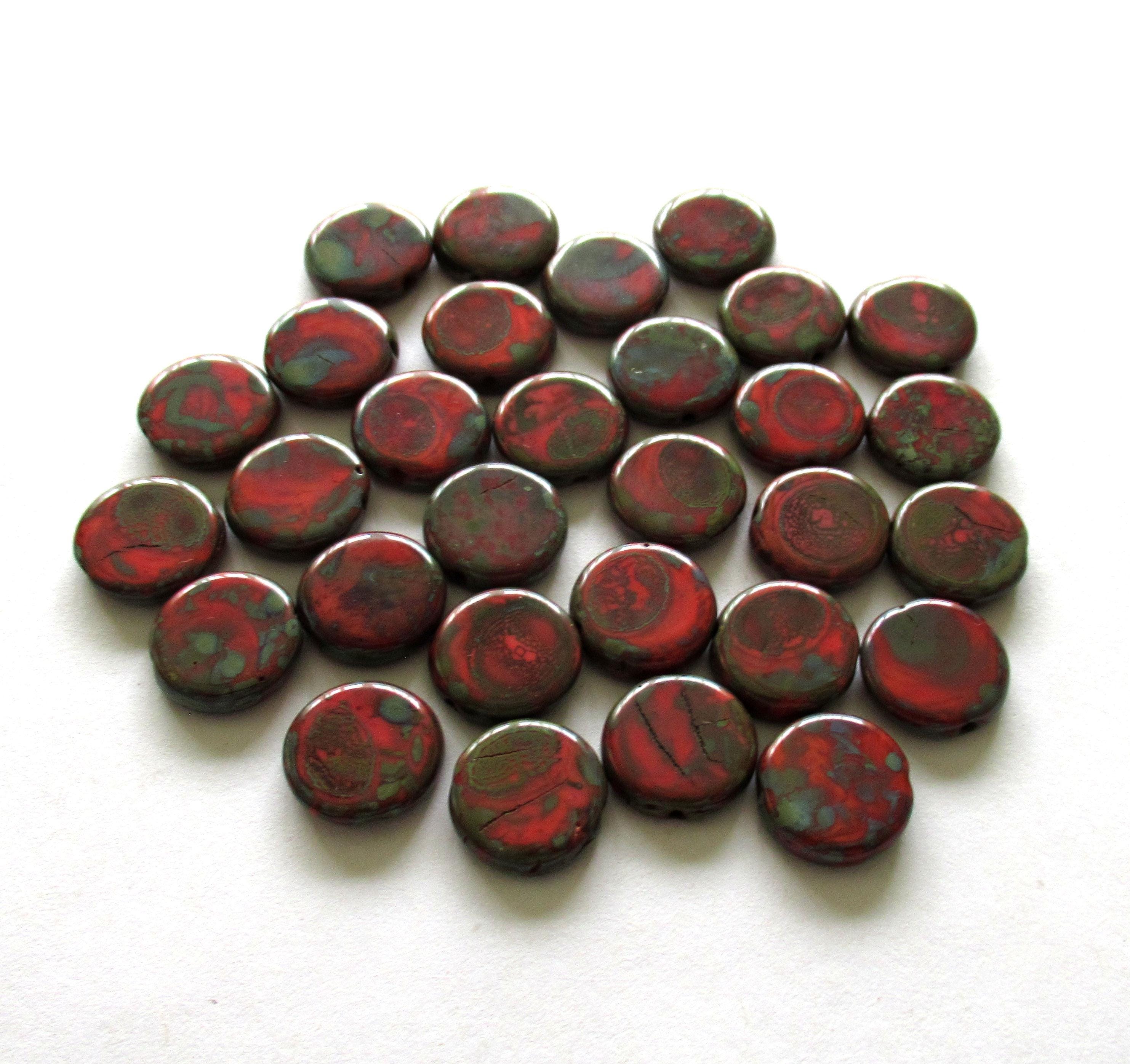 Czech glass coin or disc beads - 12mm - opaque red beads w/ a full picasso coat - flat round beads - 10 beads - 00118