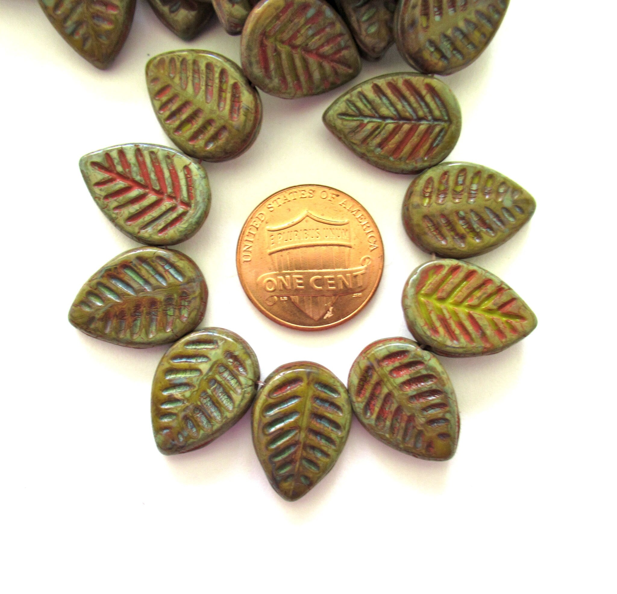 Ten large Czech glass leaf beads - side drilled artichoke green beads with a coral wash- 12 x 16mm carved beads C00831