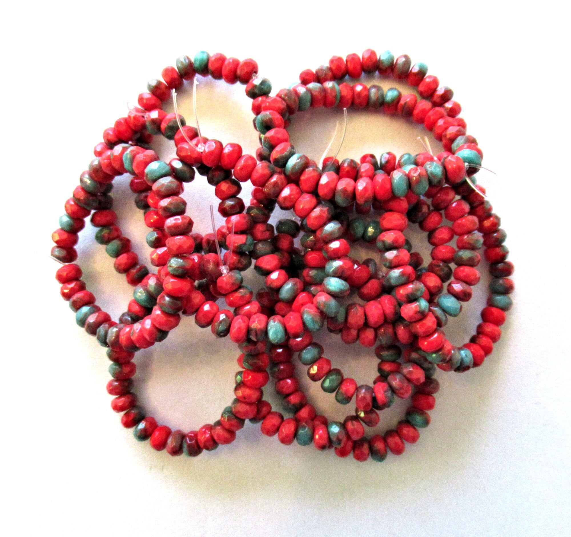 30 small Czech glass faceted puffy rondelles - 3 x 5mm opaque marbled mix of red & turquoise blue green glass rondelle beads 00531