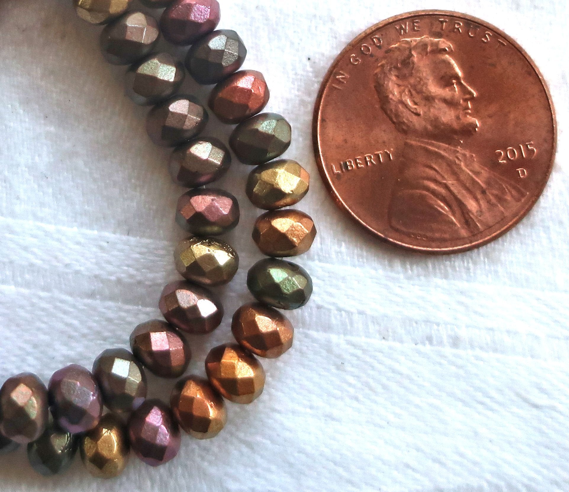 30 small puffy rondelle beads, opaque matte metallic mix earth tones, 3 x 5mm faceted Czech glass rondelles C53101