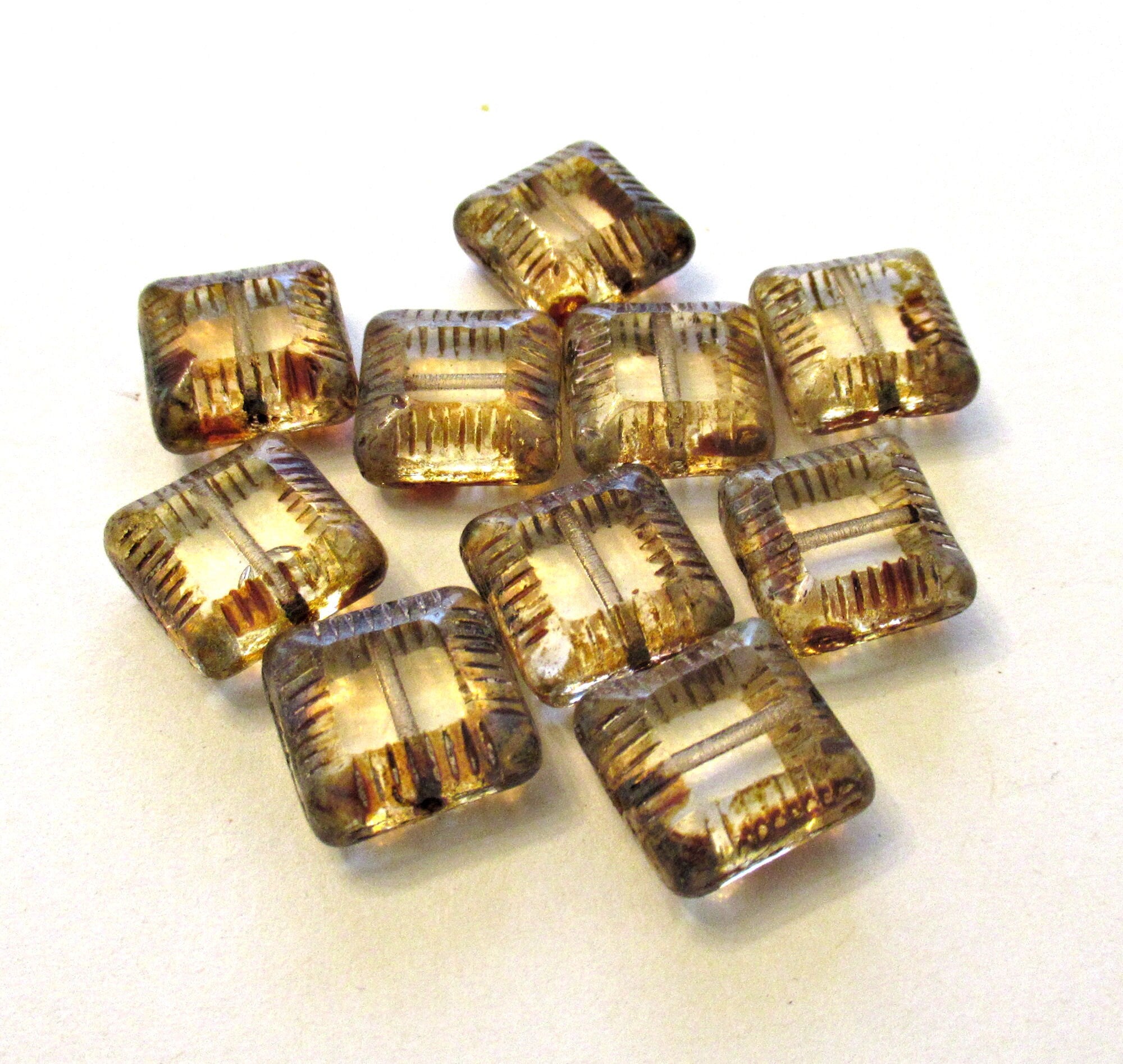 Ten 10mm Czech glass notched square beads - crystal clear beads with picasso accents - table cut carved beads - 6.3mm thick - C00391