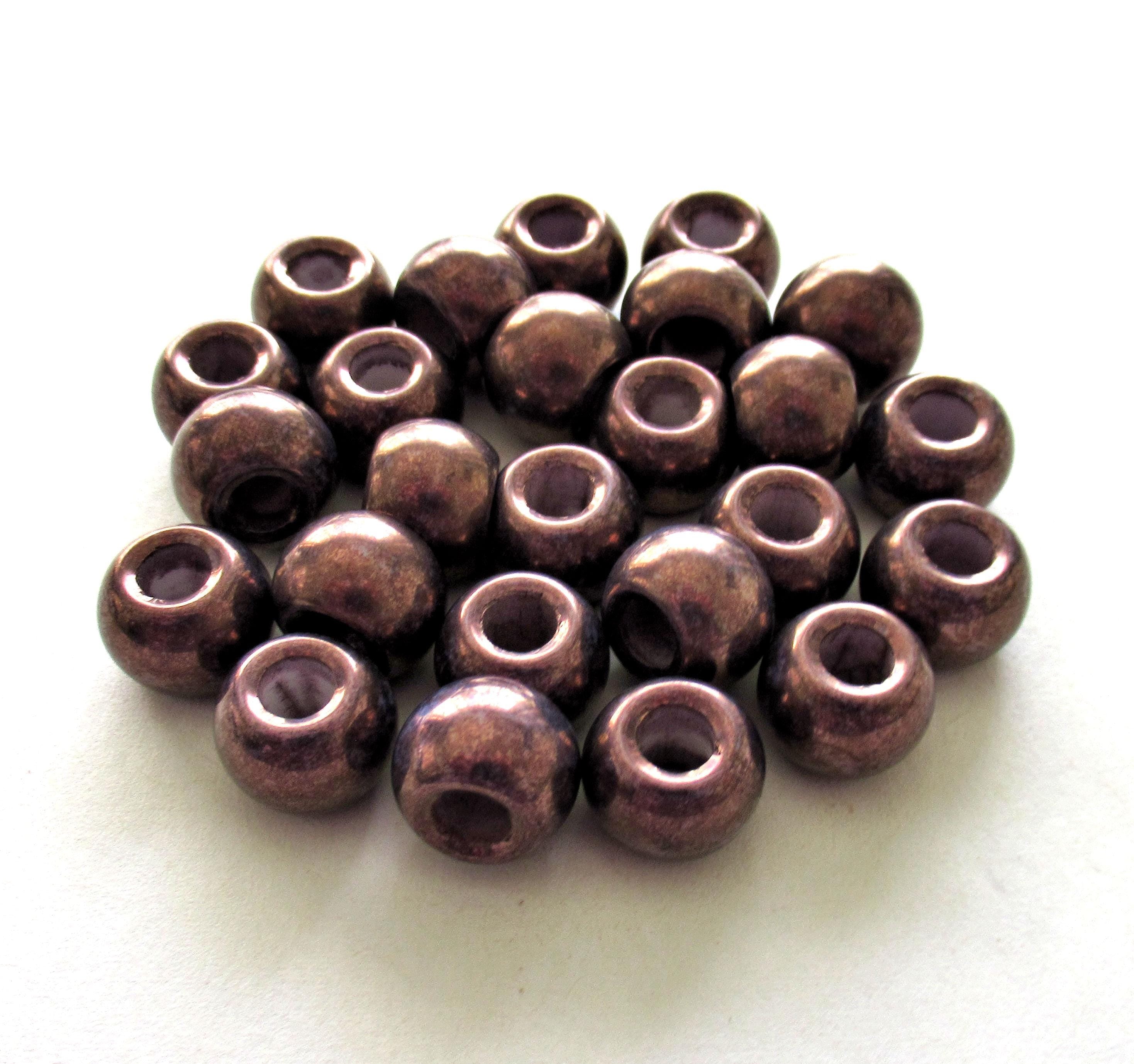 Large big hole round druk beads - 12mm - metallic purple bronze Czech glass druks - large 4mm holes - six pieces - C00401