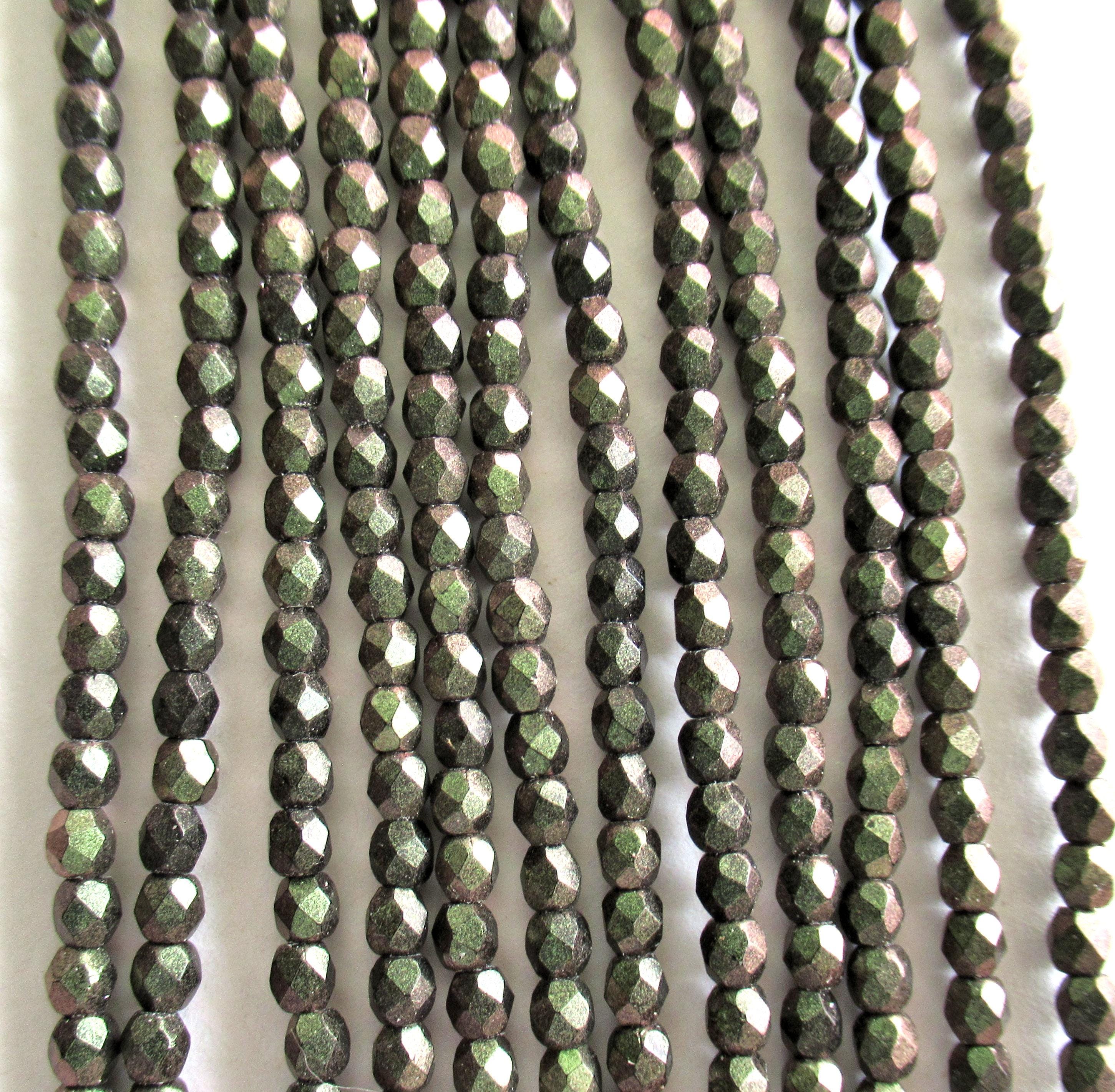 50 3mm dark green Czech glass beads - Polychrome Olive Mauve - fire polished faceted round beads - 50pcs - C0005