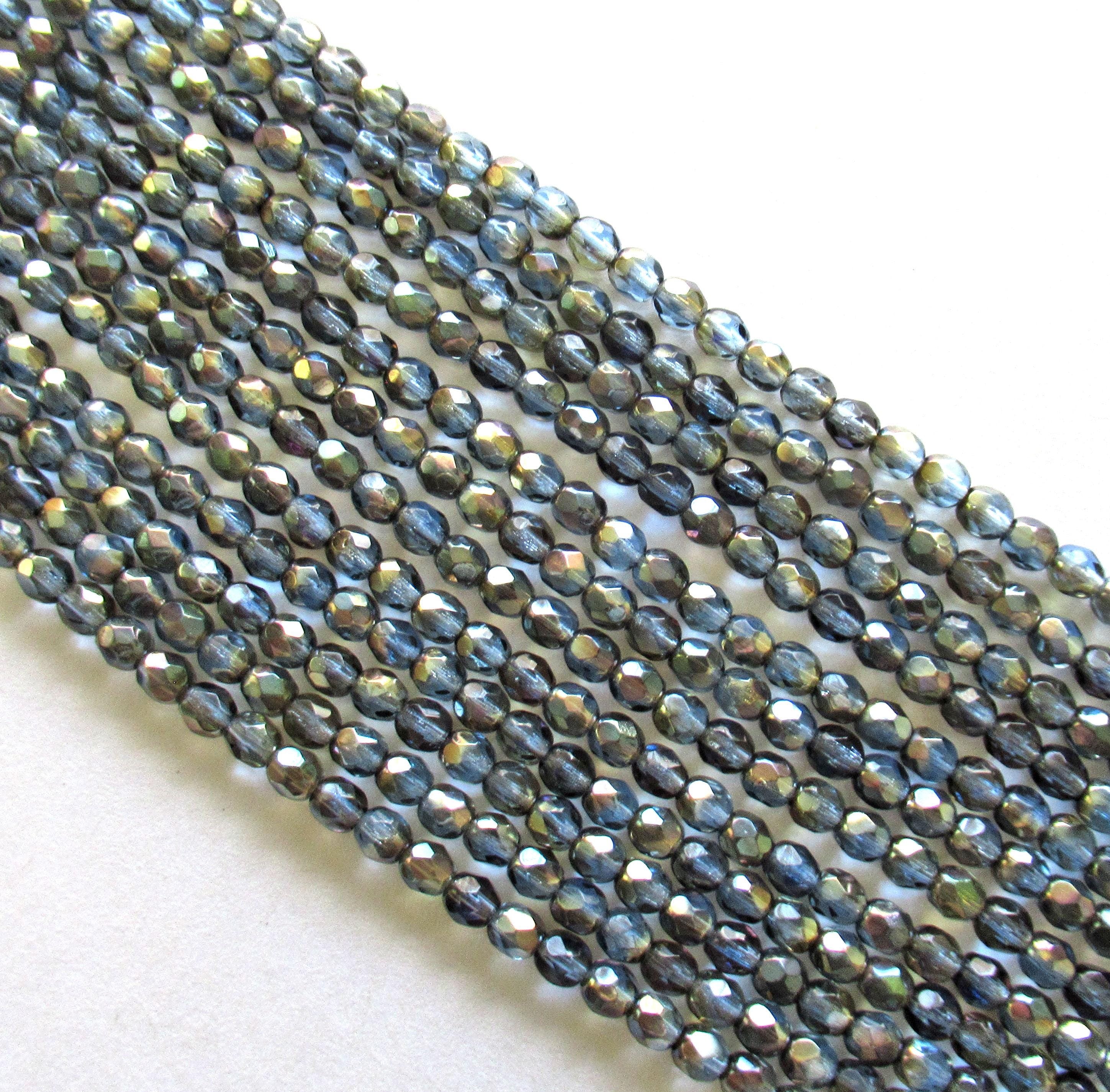 50 4mm Czech glass beads - Sapphire Blue Celsian beads - blue gray beads with a celsian finish - round faceted fire polished beads C-0076