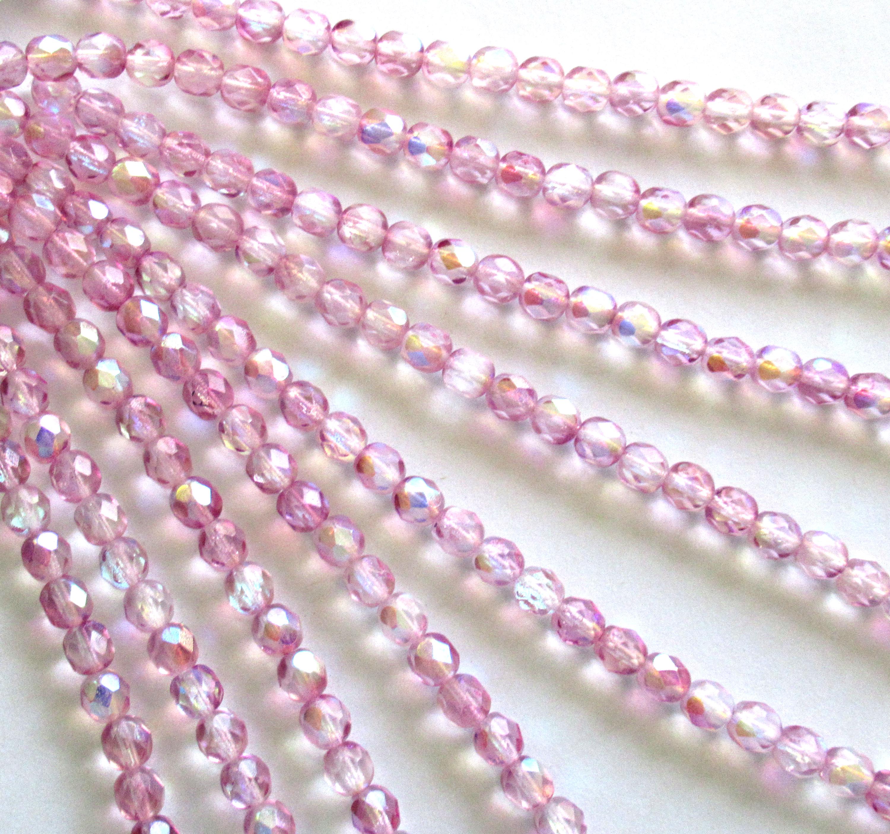 Lot of 25 6mm Czech glass beads - Coated Violet AB - light purple amethyst - almost pink - fire polished faceted round beads - C0016