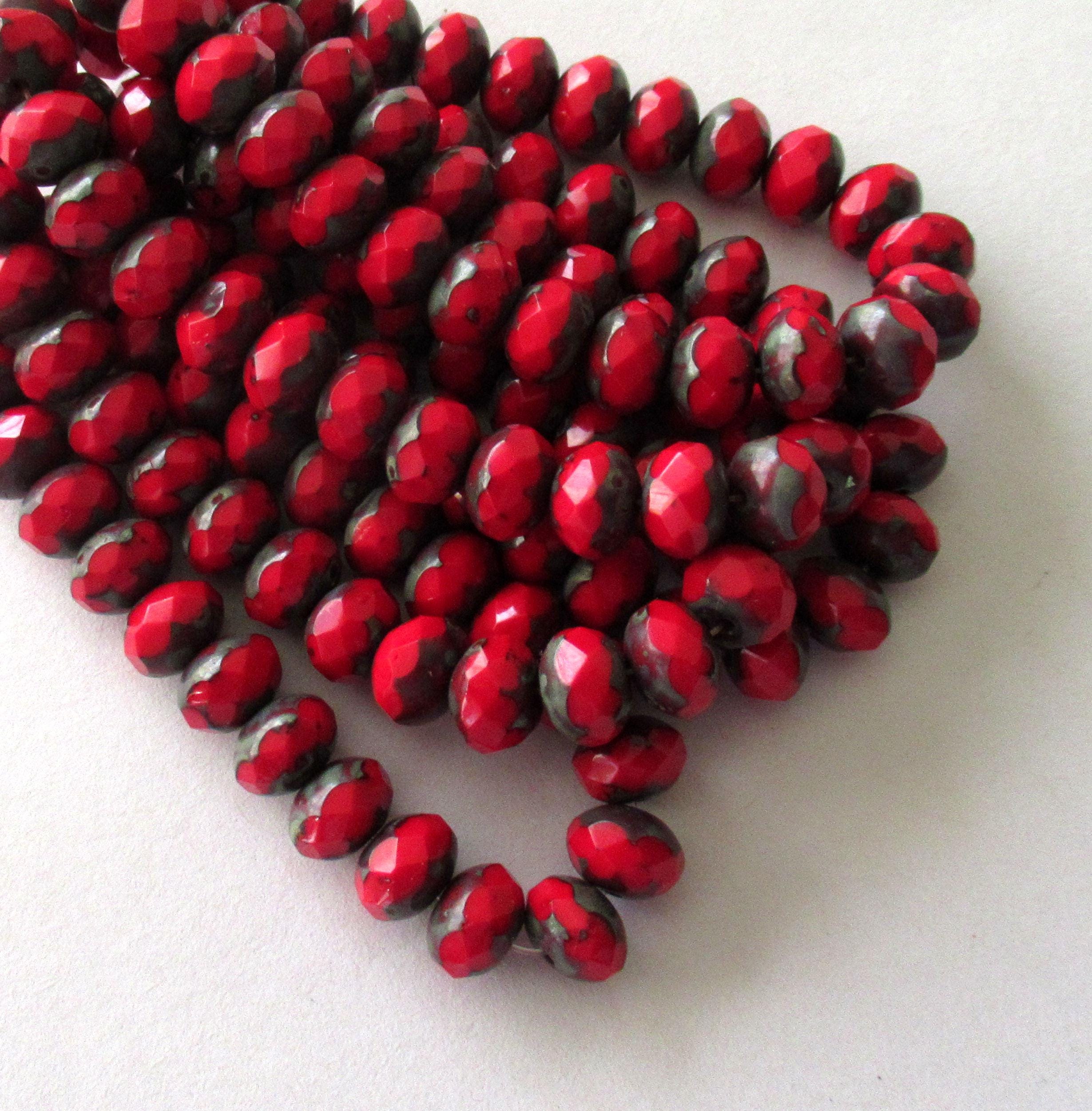 Twenty-five 6 x 8mm Czech glass puffy rondelles - opaque deep red picasso - faceted fire polished rondelle beads - 00822