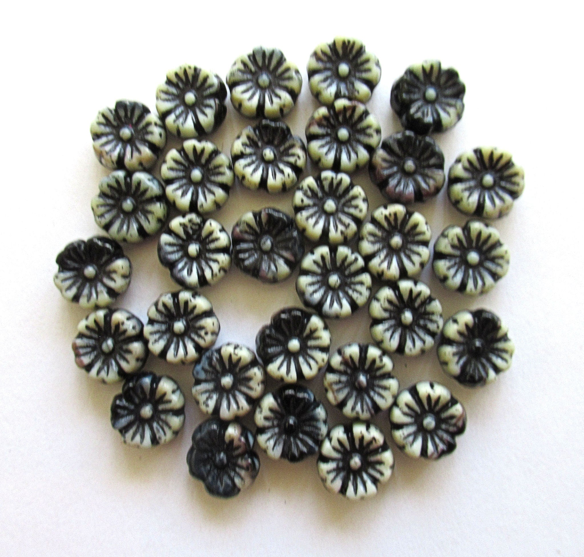 Fifteen 10mm Czech glass flower beads - white beads with black accents - Hawaiian flower beads C00501