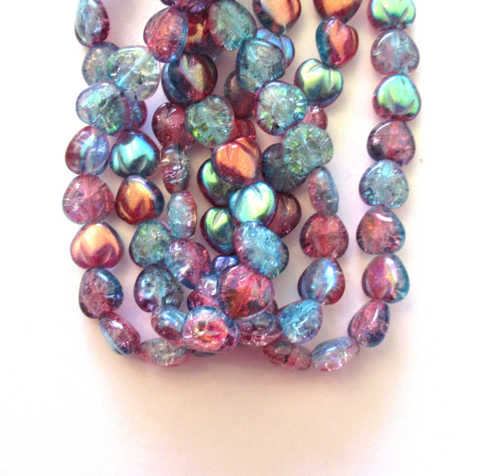 Lot of 10 Czech glass heart beads - 11mm pink crackle glass hearts with a pink and blue ab finish - C0049