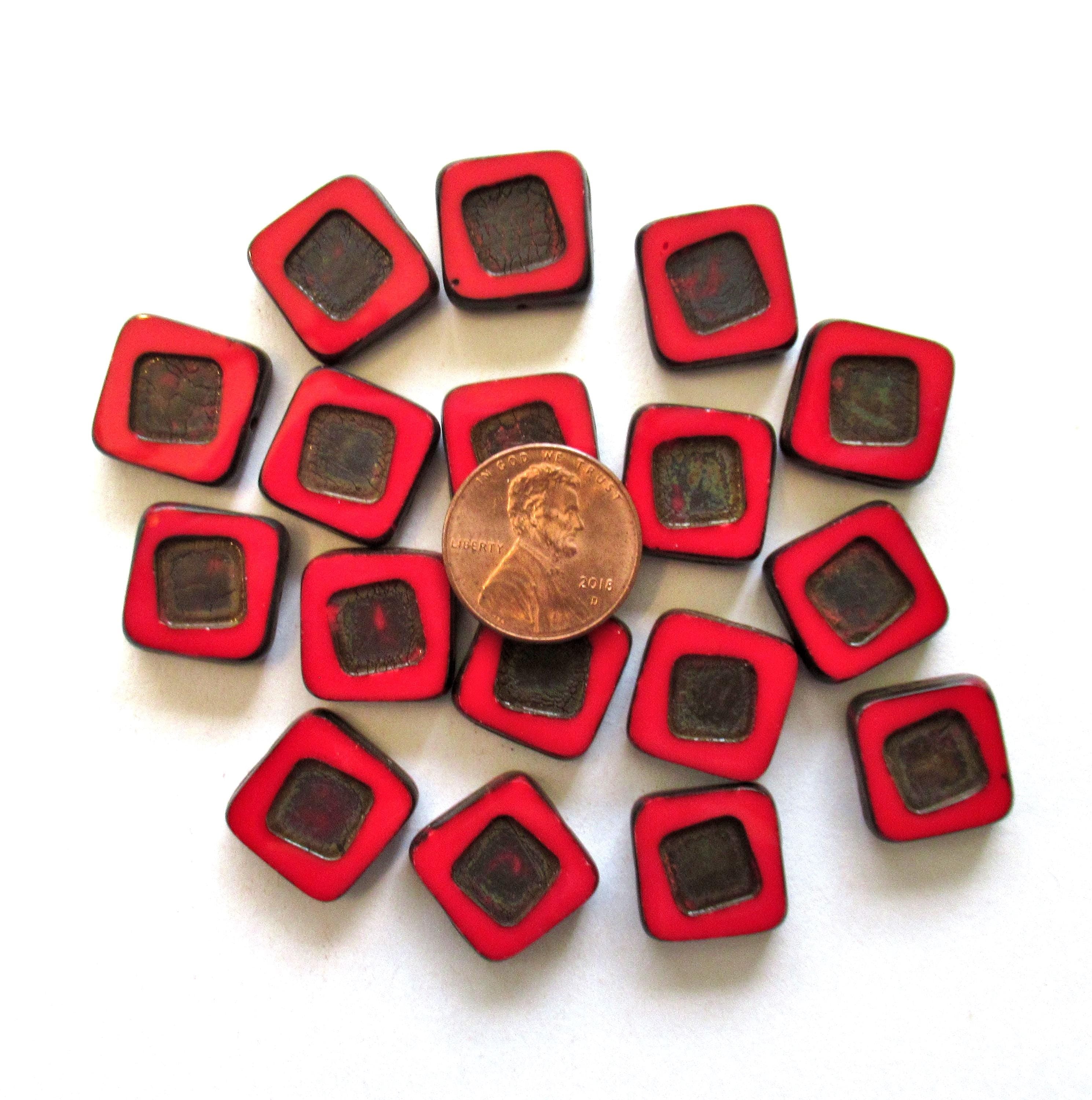 Four large Czech glass square beads - 14 x 14mm - opaque red picasso beads - chunky table cut statement or focal beads C00661