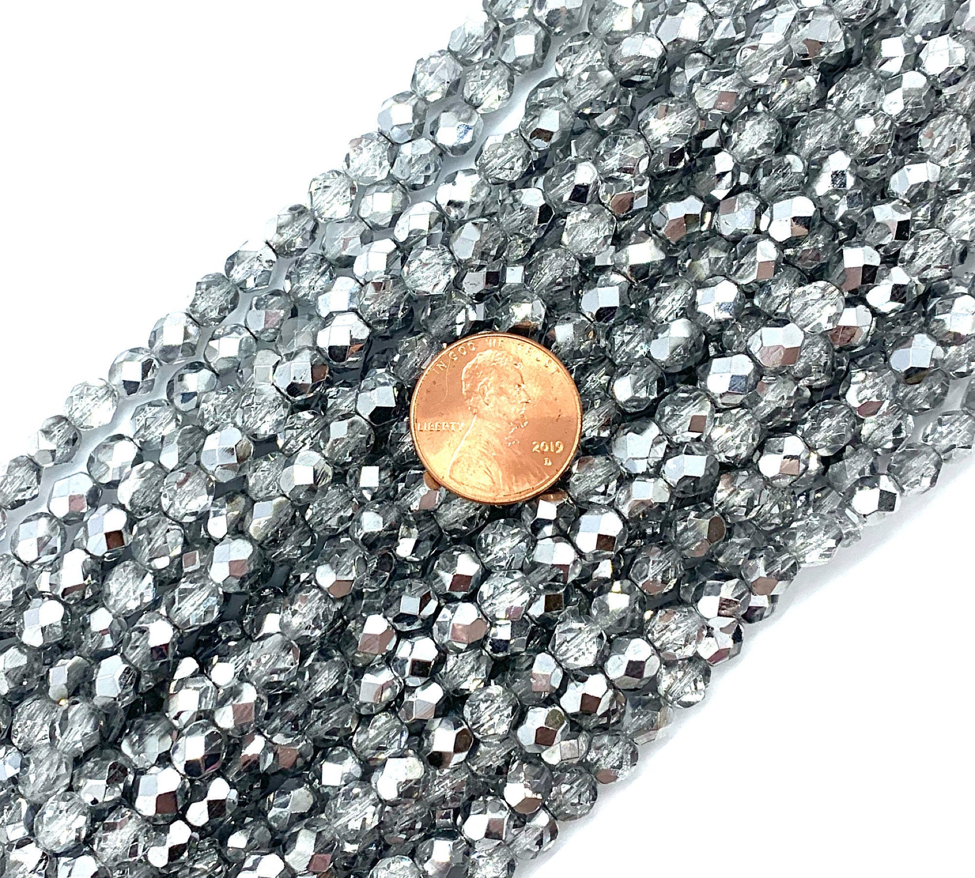 25 faceted round Czech glass beads - 6mm fire polished silver crystal mix beads - C0064