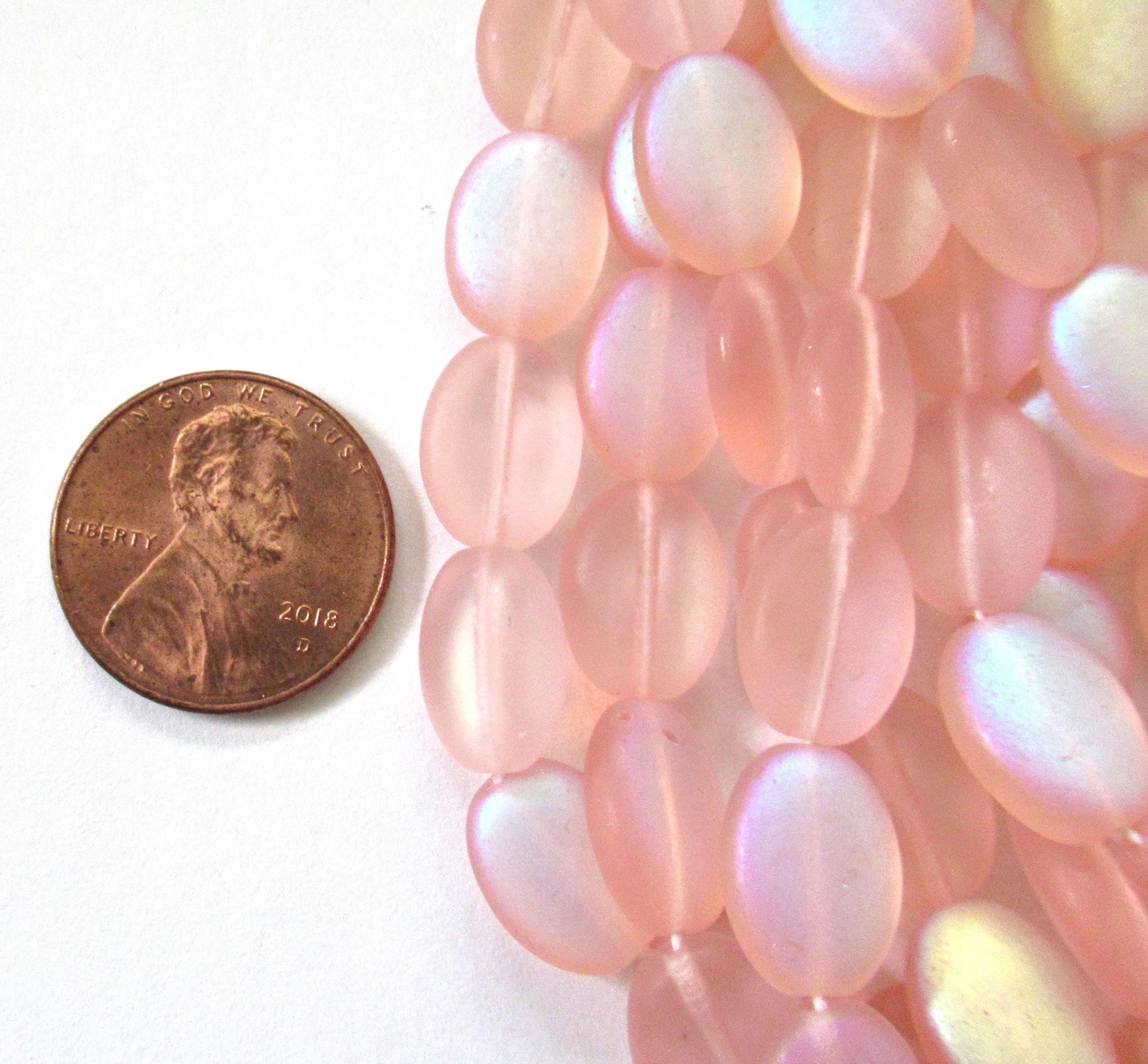 25 Czech glass flat oval beads - matte pink ab - 12mm x 9mm - pressed glass beads C0059