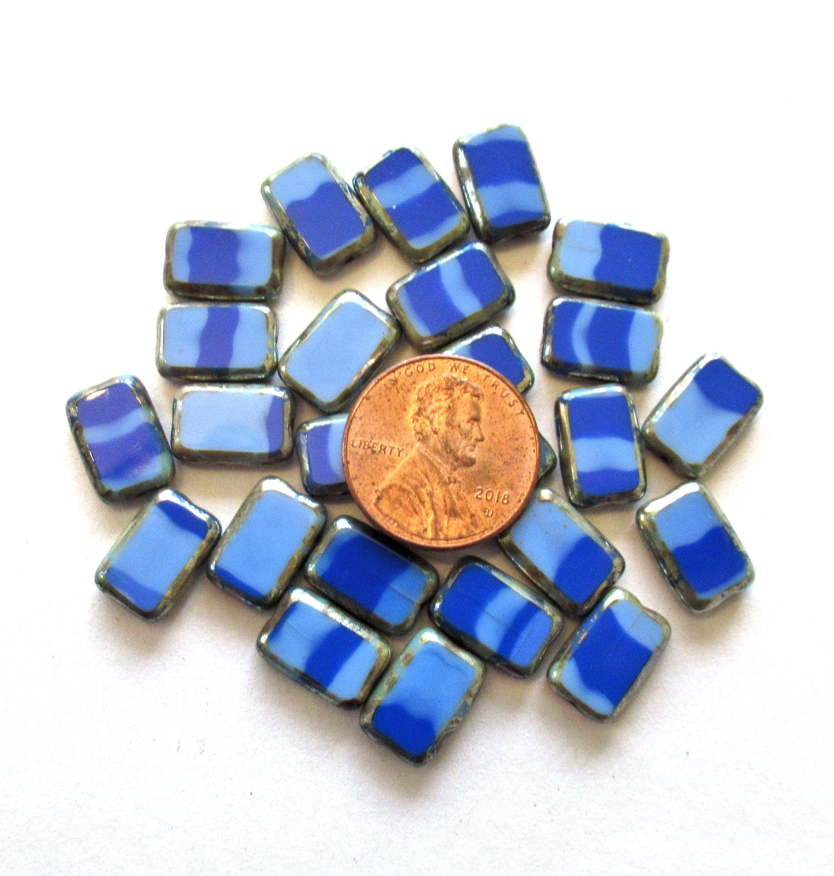 Ten Czech glass rectangle beads - 8 x 12mm - striped light and dark blue beads w/ silver picasso accents  - table cut beads - C00221