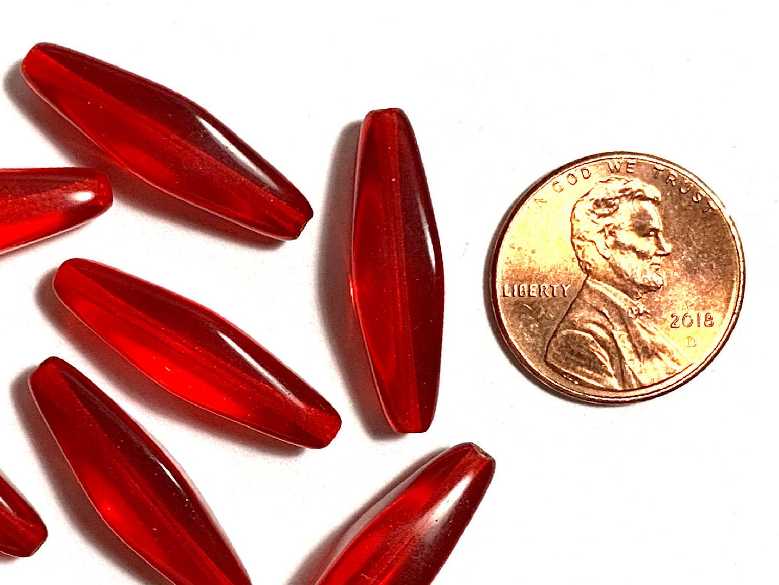 Lot of ten Czech glass lantern beads - 24 x 9mm siam red long lantern or tube beads C0028