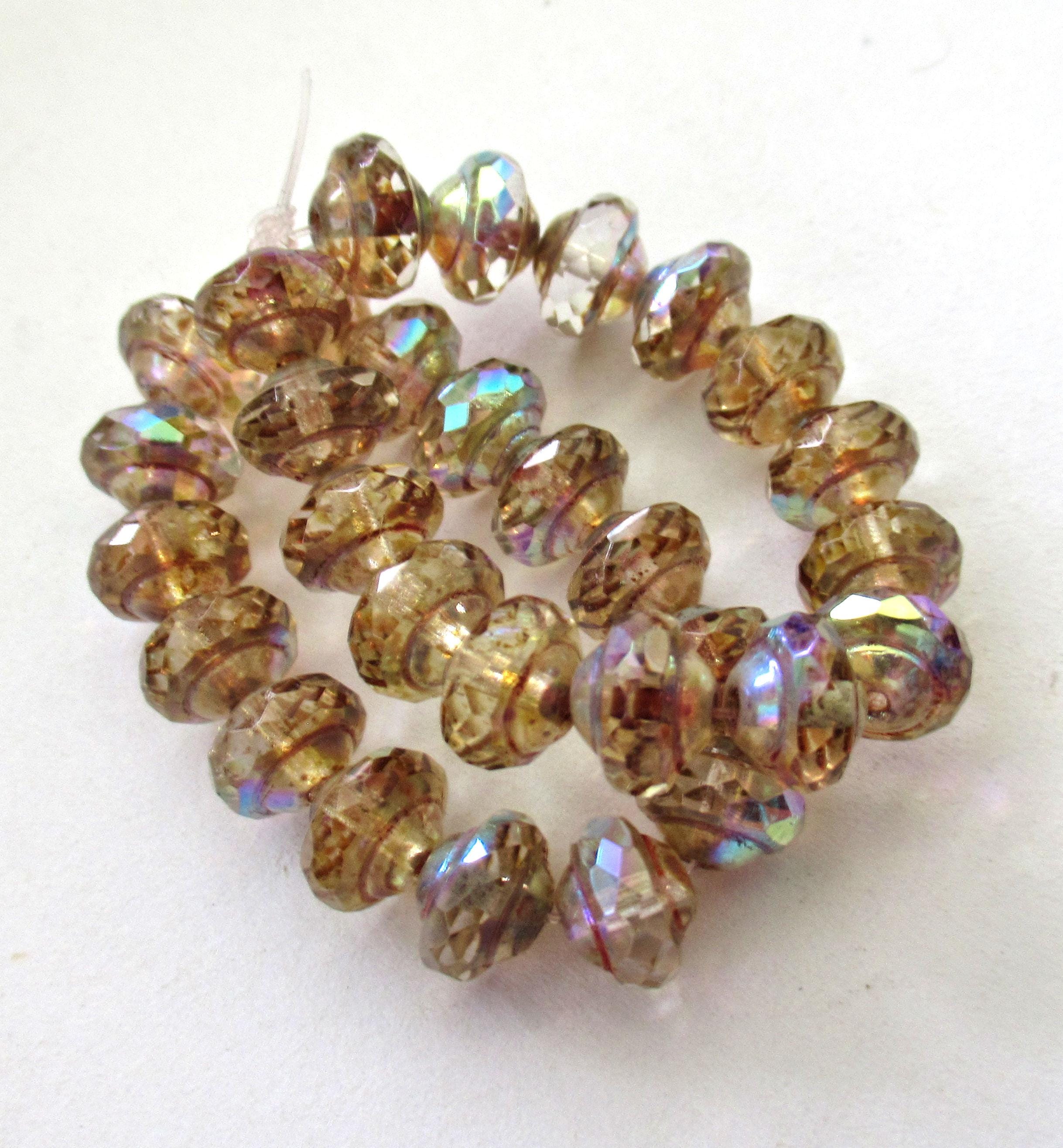 Fifteen Czech glass mini saturn beads - 6 x 8mm crystal clear picasso ab beads - faceted fire polished saucer beads - C00302