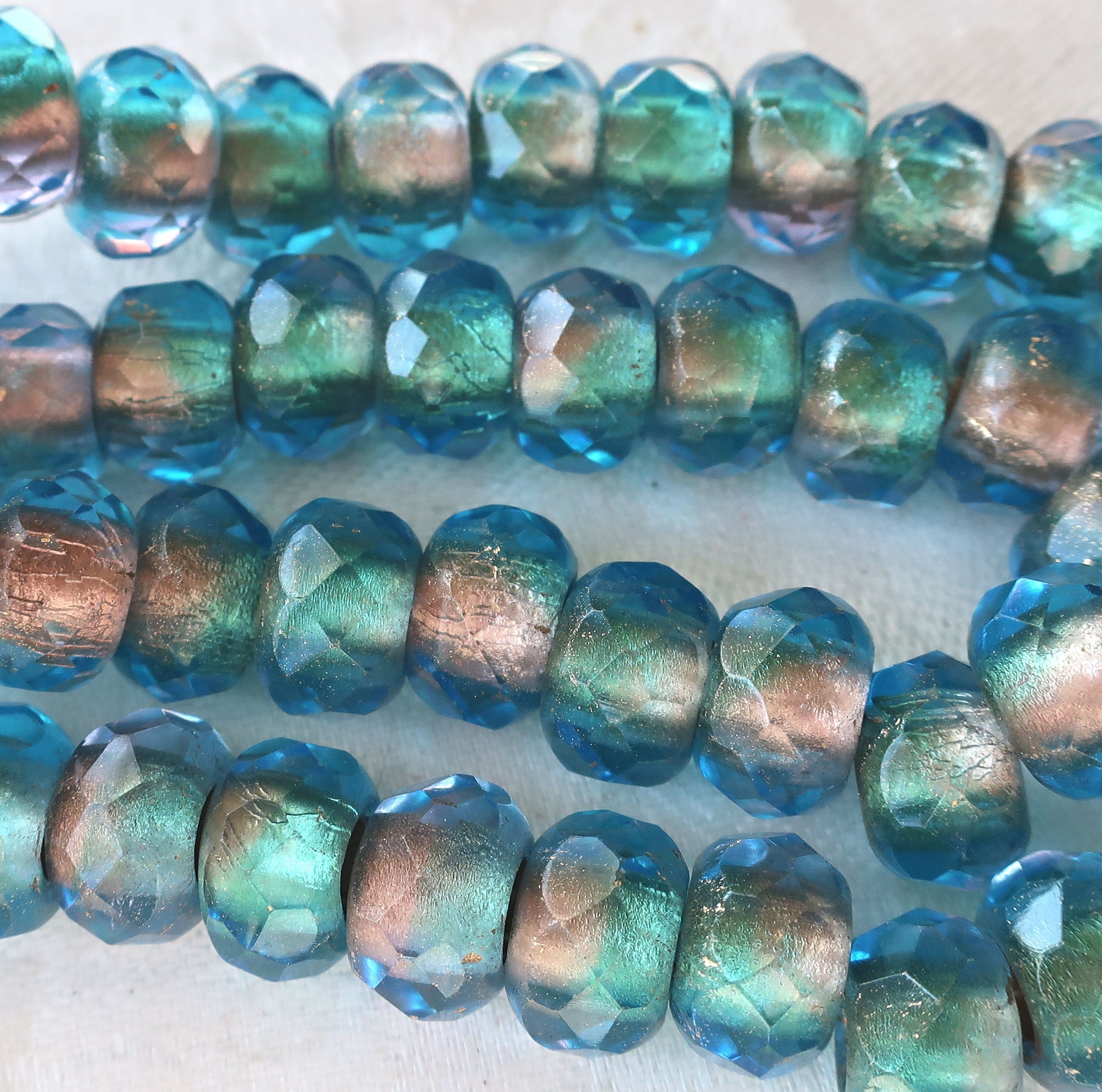 Five 12 x 8mm faceted Czech glass roller or rondelle beads - matte blue gold lined - big 5mm holes, big hole focal beads 00501