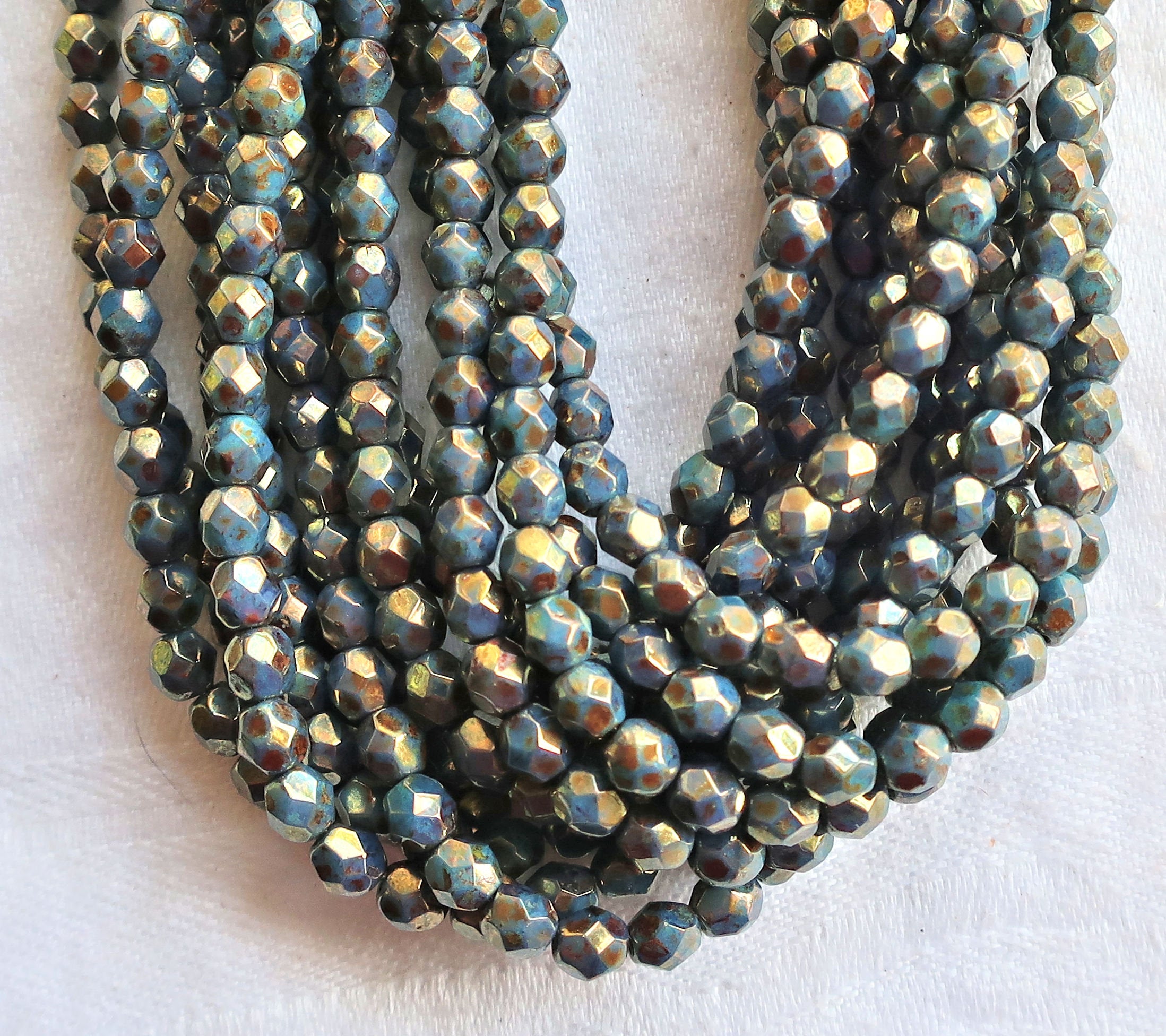 Lot of 50 4mm Persian Turquoise Bronze Picasso Czech glass beads, fire polished, faceted round beads, C0825