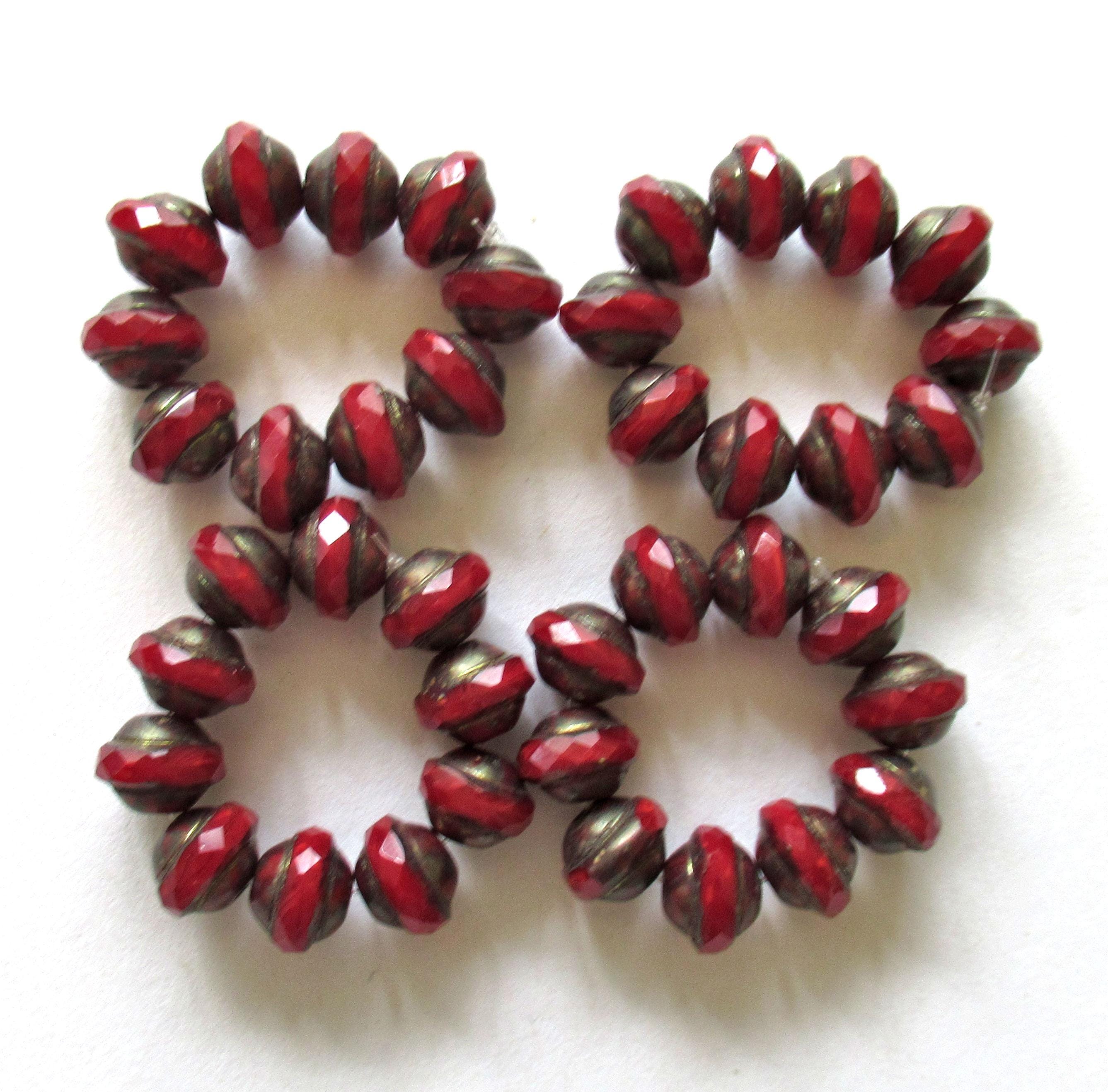 Ten Czech glass saturn or saucer beads - red opal with a dark bronze picasso finish - 8mm x 10mm - Faceted fire polished beads - C00191