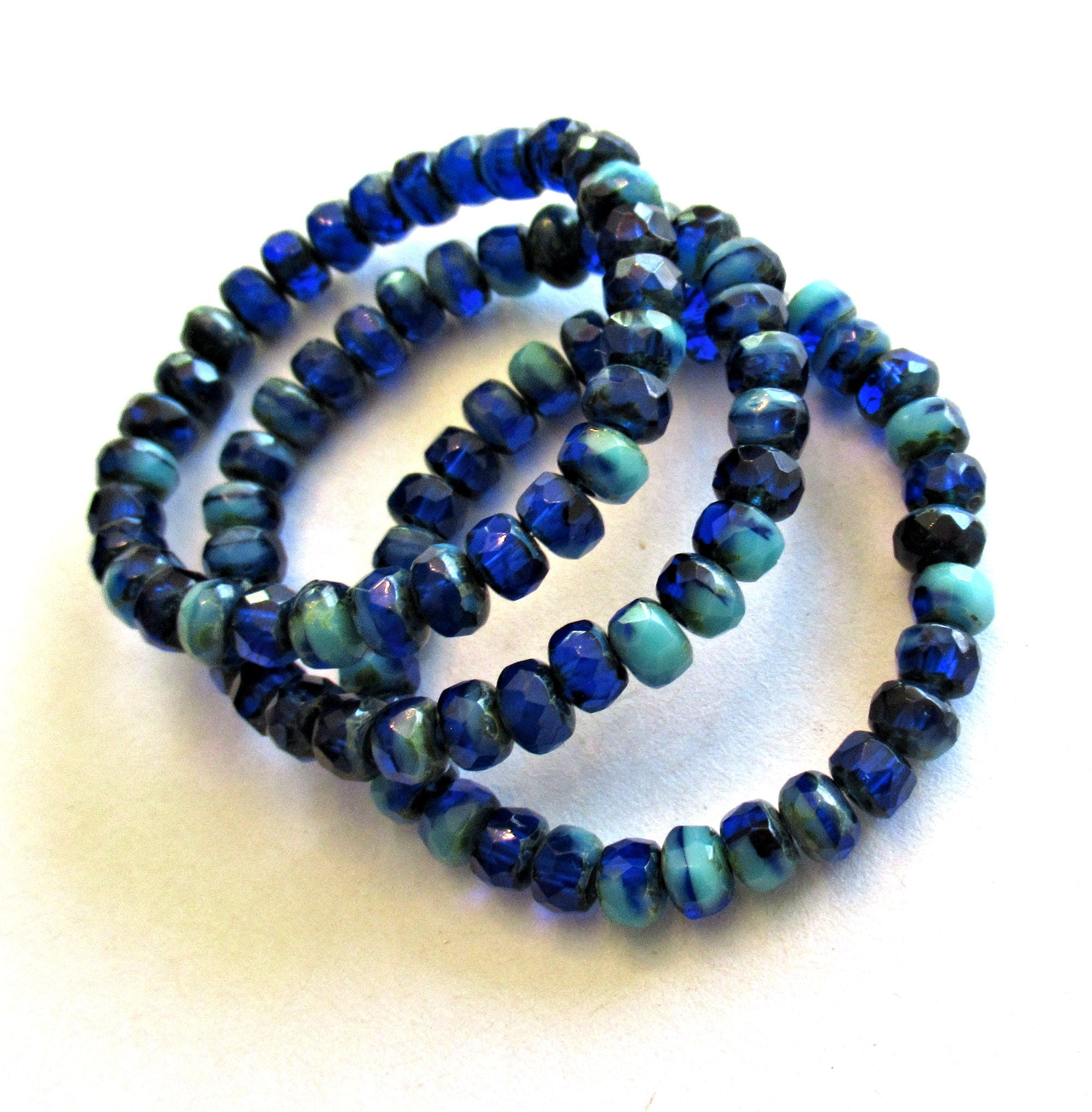 30 small Czech glass puffy rondelle beads - 3 x 5mm transparent cobalt blue & opaque turquoise color mix faceted fire polished rondelles 00041