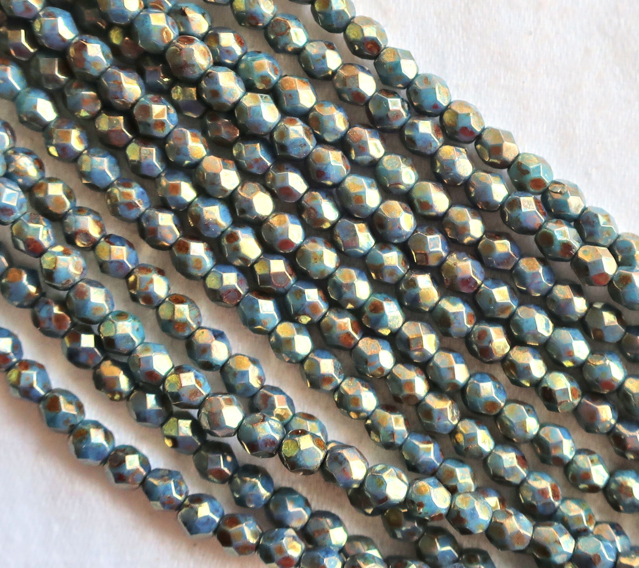 Lot of 50 4mm Persian Turquoise Bronze Picasso Czech glass beads, fire polished, faceted round beads, C0825