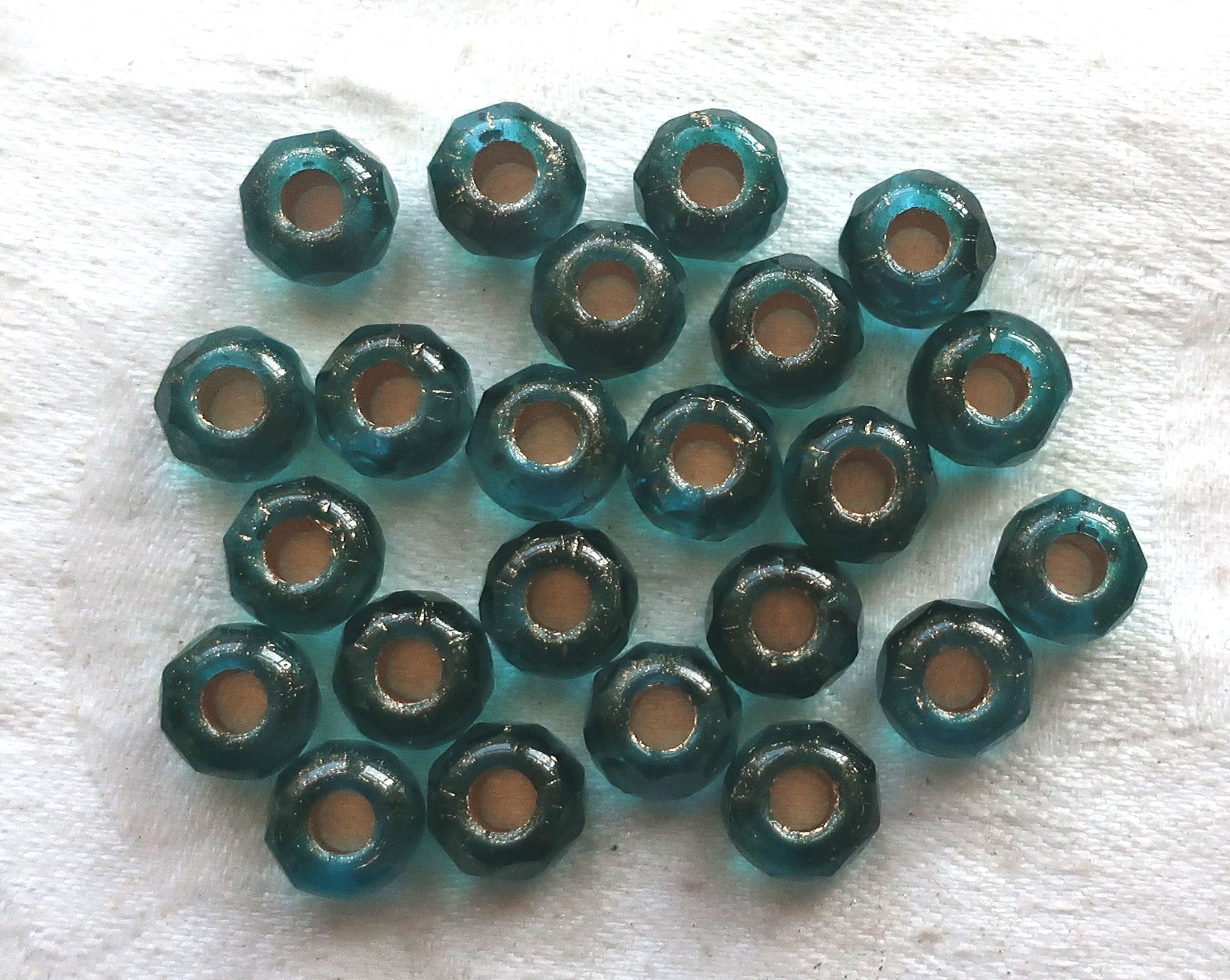 Ten Czech glass roller beads, 9 x 6mm viridian, teal or emerald gold lined, faceted round rondelle beads, big 3mm hole, large holes C08110