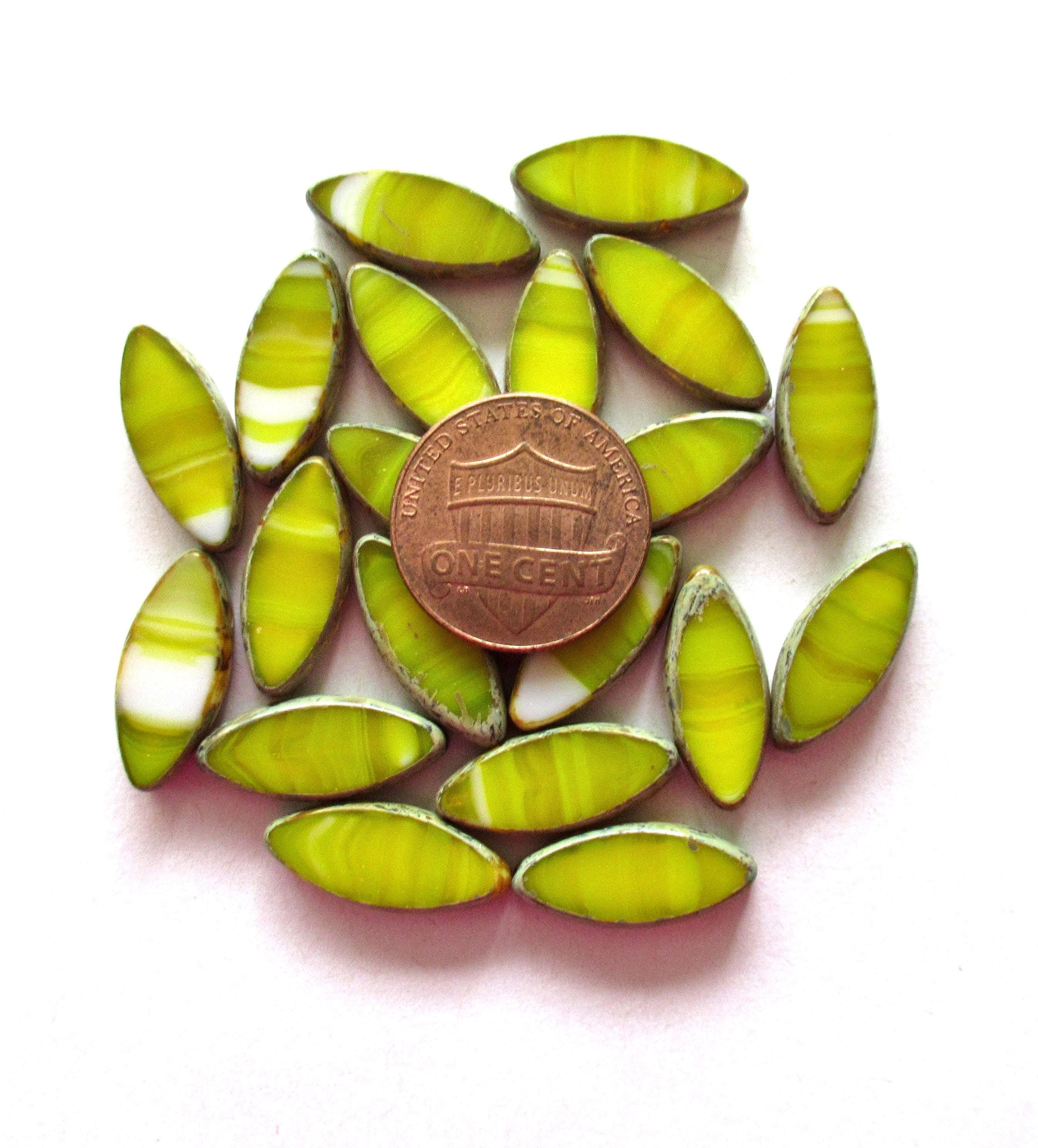 Ten 17 x 8mm Czech glass spindle beads - opaque marbled yellow & white picasso beads - table cut almond shaped beads C000191