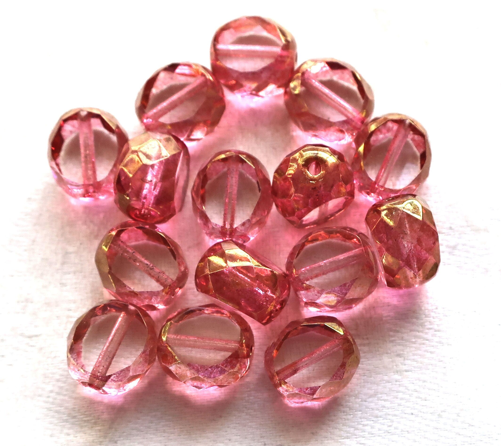 Five 12mm round, dual faceted. table cut Czech glass beads, pink & gold picasso window beads, chunky statement , focal beads 611101