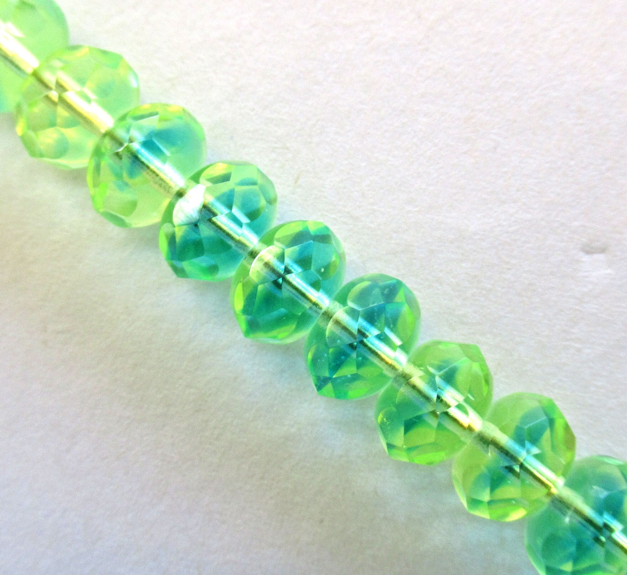 25 faceted Czech glass puffy rondelle beads - 9 x 6mm transparent green and blue mix rondelles - faceted fire polished beads - 00601