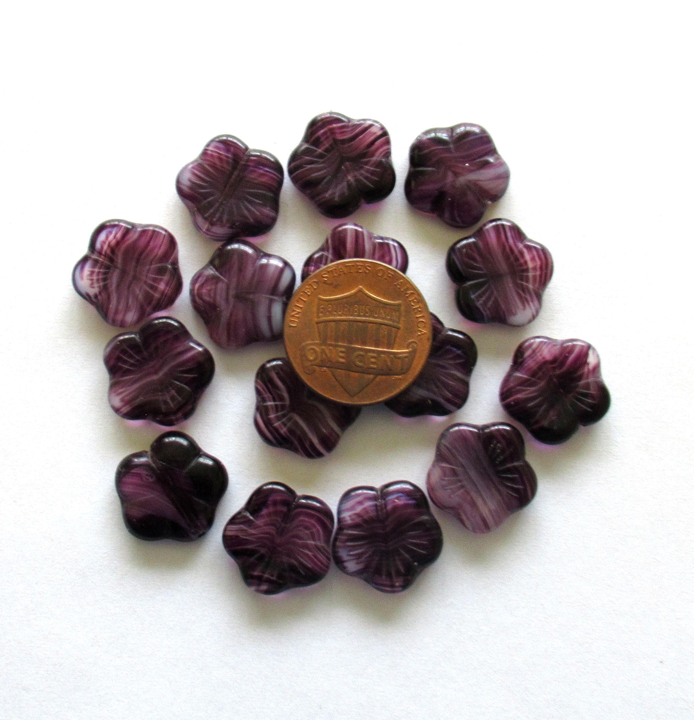 Ten 14mm Czech glass flower beads - marbled amethyst purple and white pressed glass floral beads - C0021