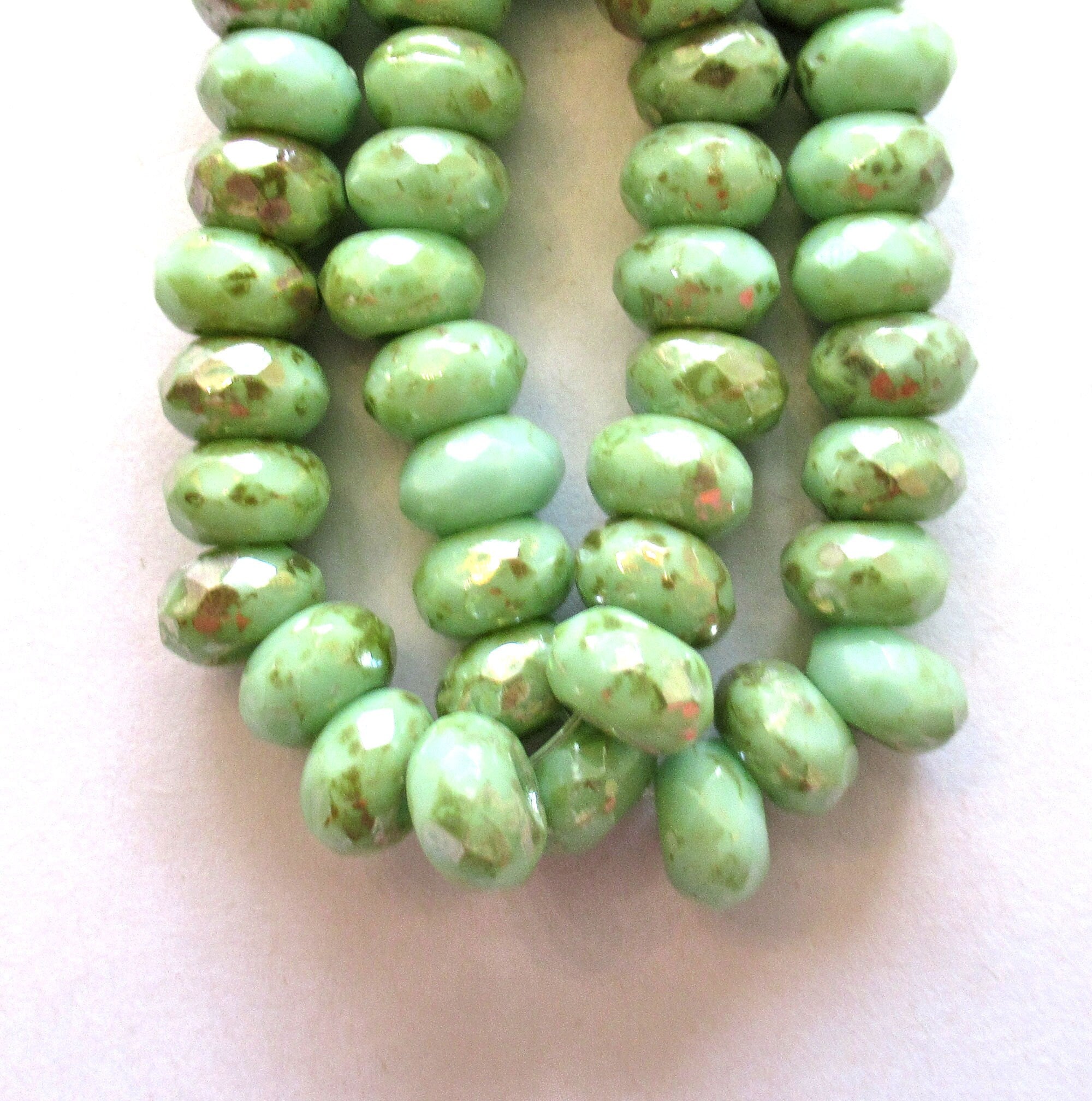 Ten Czech glass faceted roller or rondelle beads - opaque mint green w/gold picasso finish - 86 x 9mm big 3.5mm hole tyre beads 000711